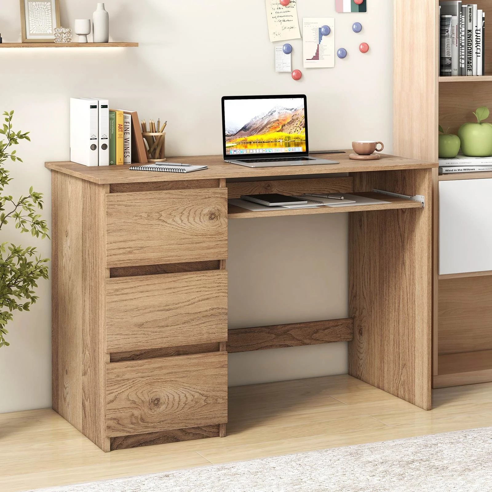 3 Costway Computer Desk w/Power Outlet Ketboard Tray & Drawers Writing Workstation, 3 of 4