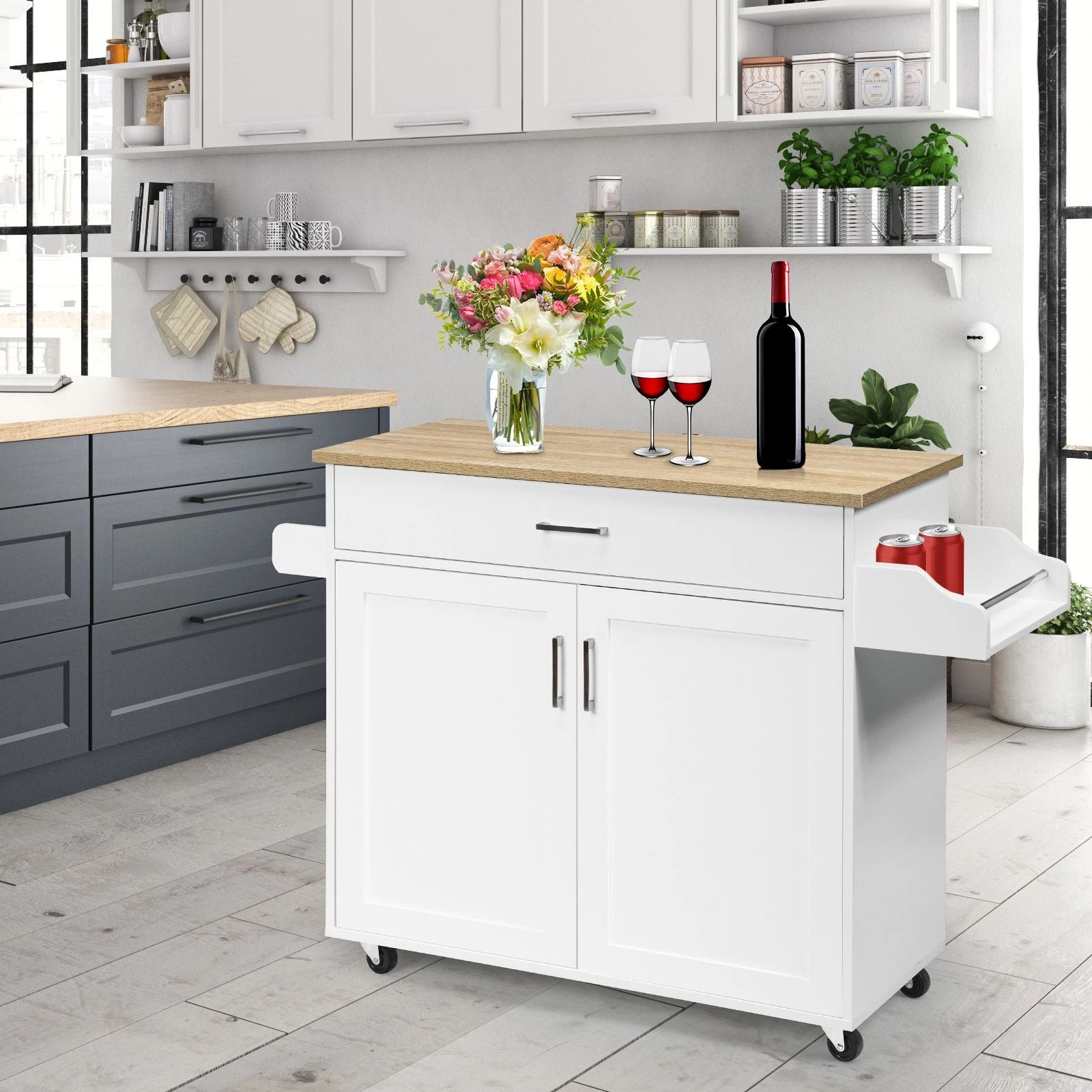 3 Costway Wooden Rolling Kitchen Island White, 3 of 5