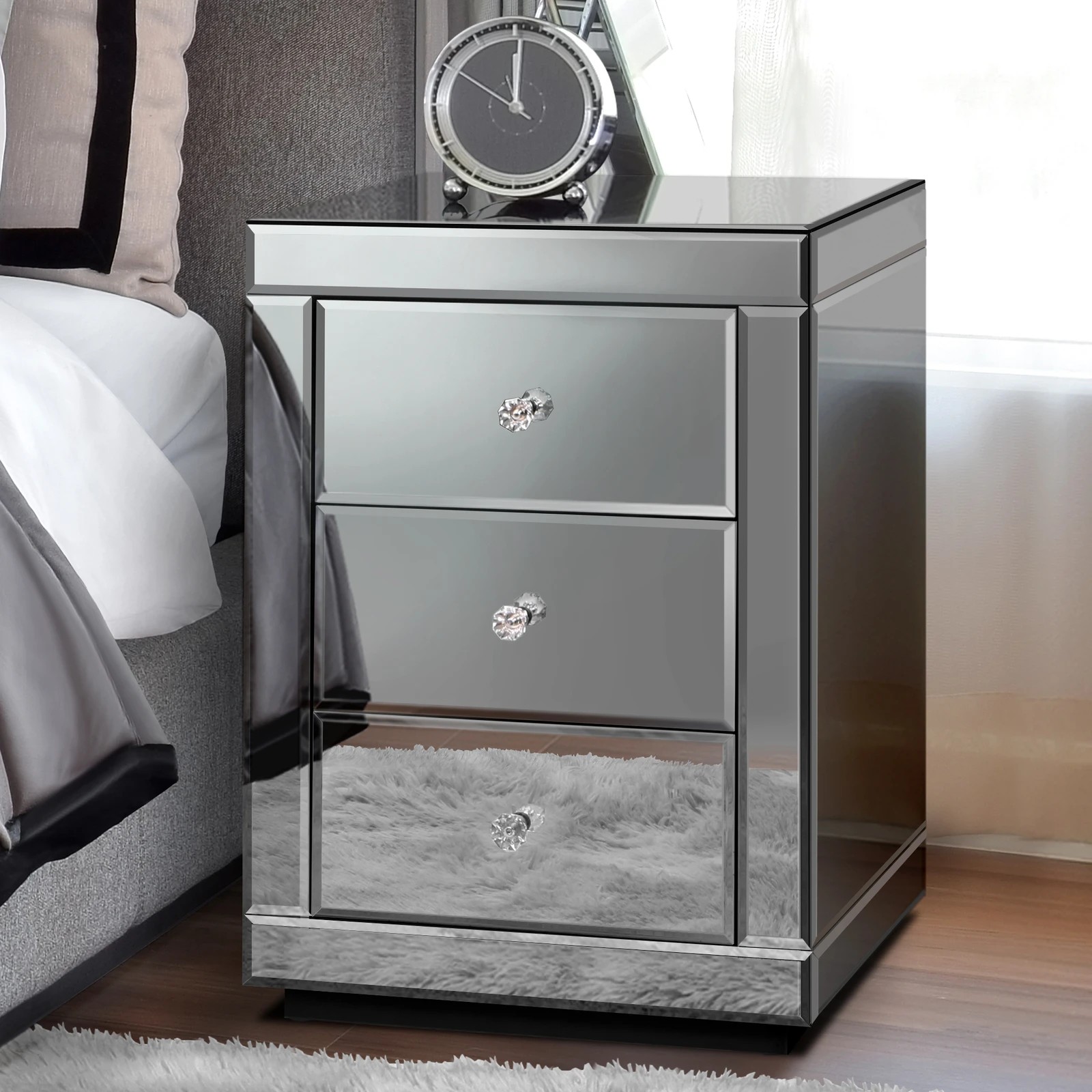 1 Alfordson Bedside Table Mirrored Cabinet Nightstand Side End Table Drawers - Grey, 1 of 10