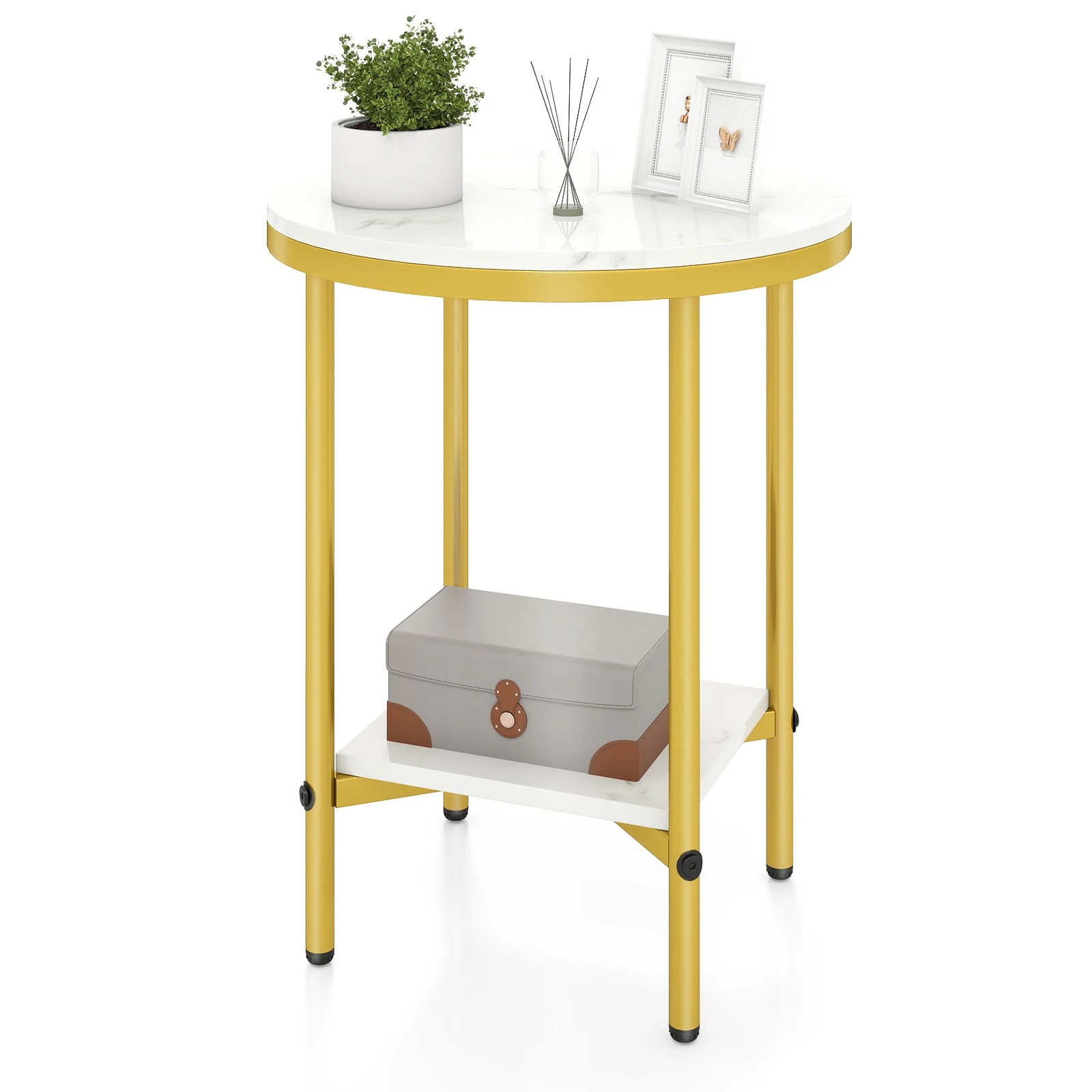 6 Costway 2-Tier Modern End Side Table Faux Marble Top Accent Table Nightstand - White, 6 of 6