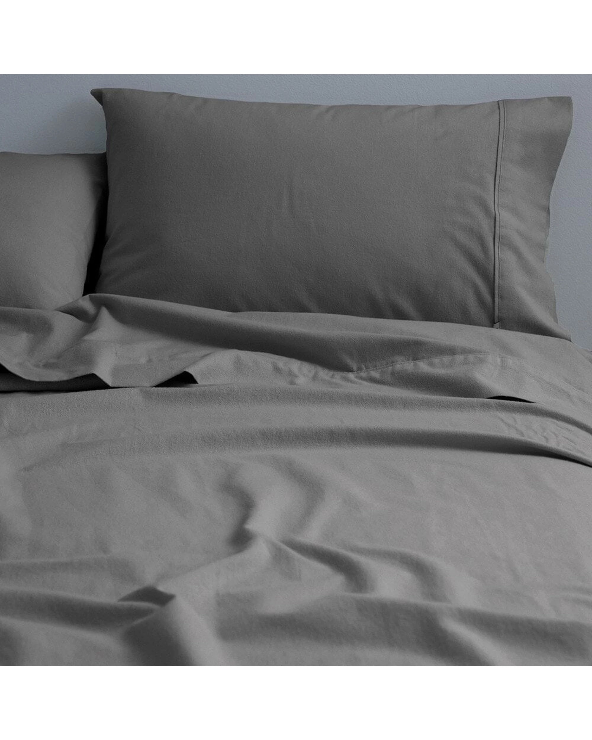 1 Canningvale Cozi Cotton Flannelette Fitted Sheet With Pillowcase Set Ash - Queen Bed - Grey, 1 of 5