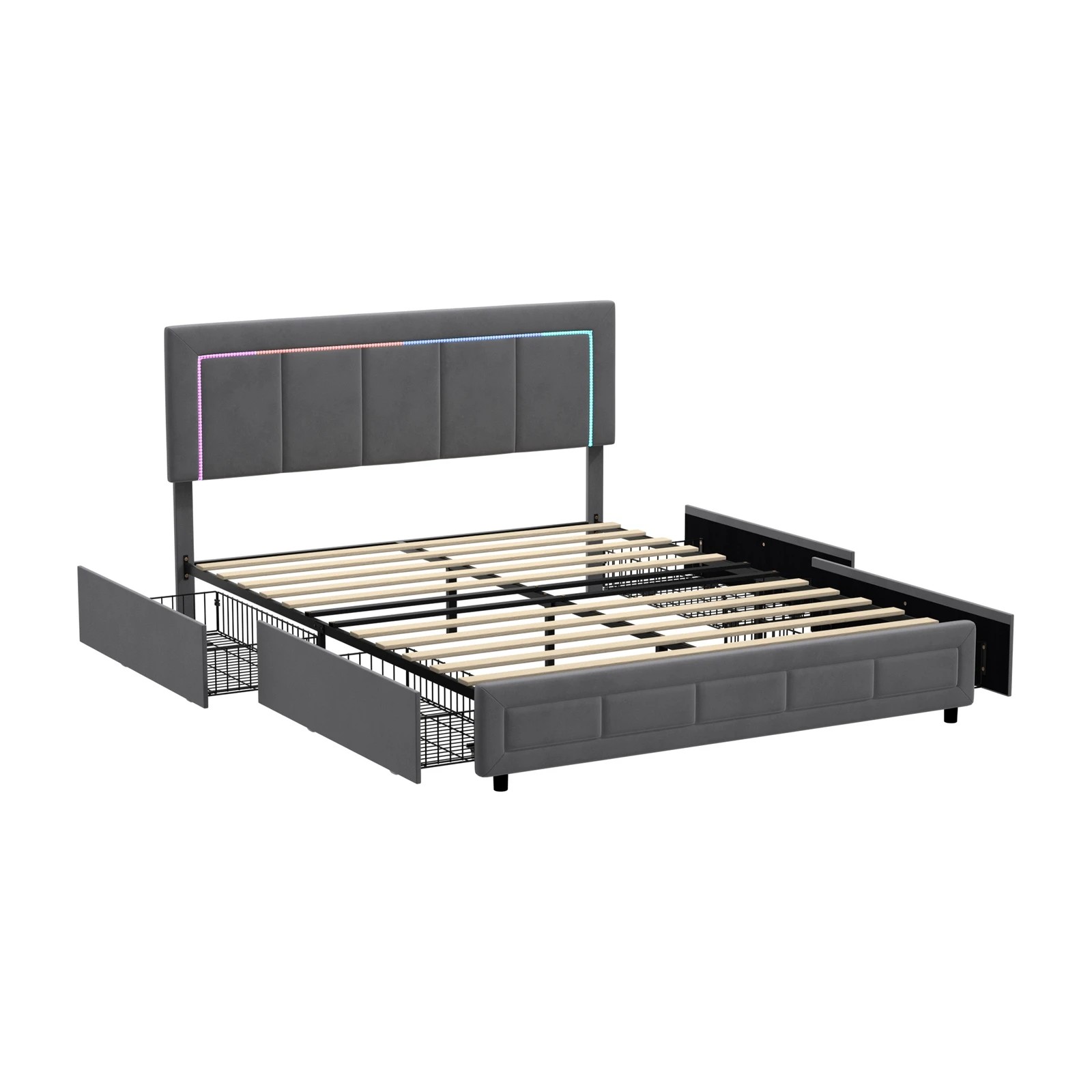 9 Oikiture LED Queen Bed Frame With 4 Storage Drawers & Charging Station - Grey, 9 of 9