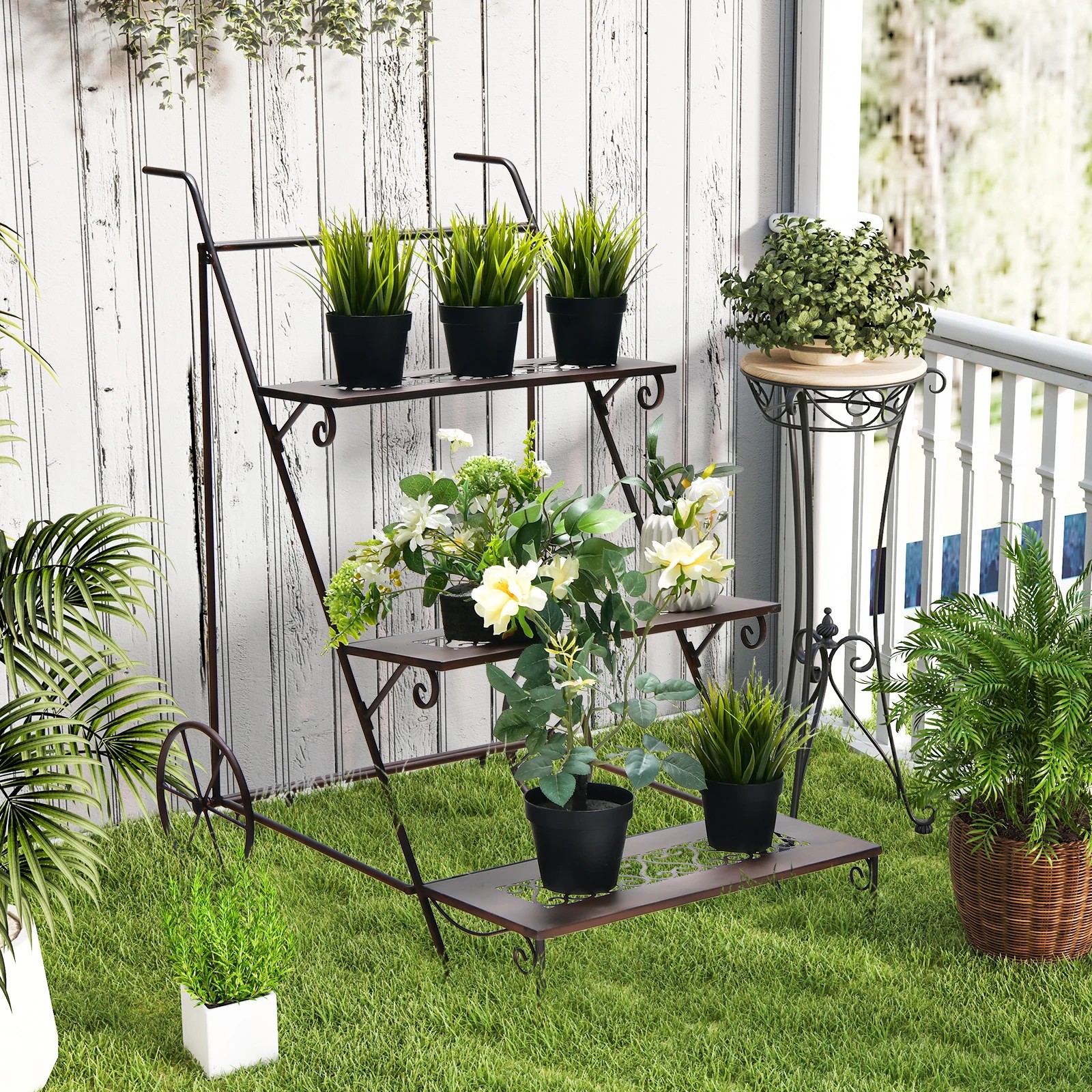 2 Costway 3-Tier Metal Plant Stand Rustproof Flower Pot Holder Outdoor Storage Rack w/Wheels, 2 of 3