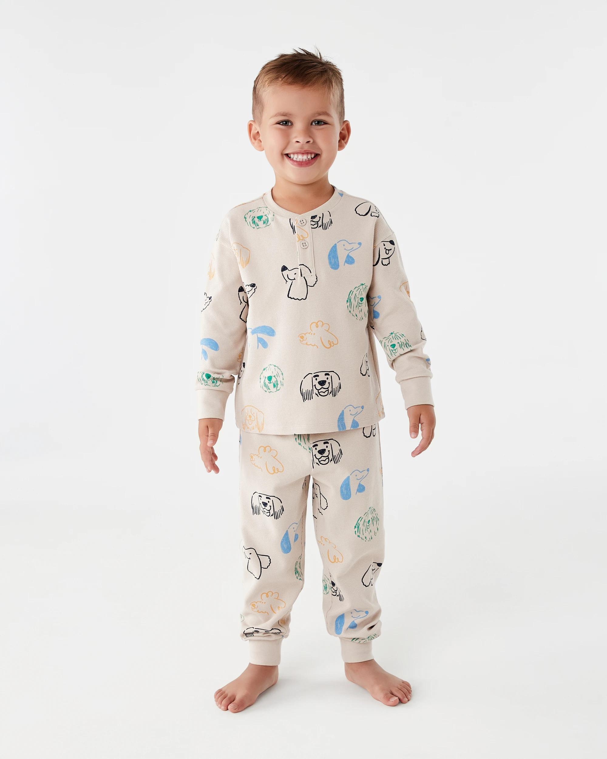 1 Waffle Pyjama Set Beig Dog, 1 of 8