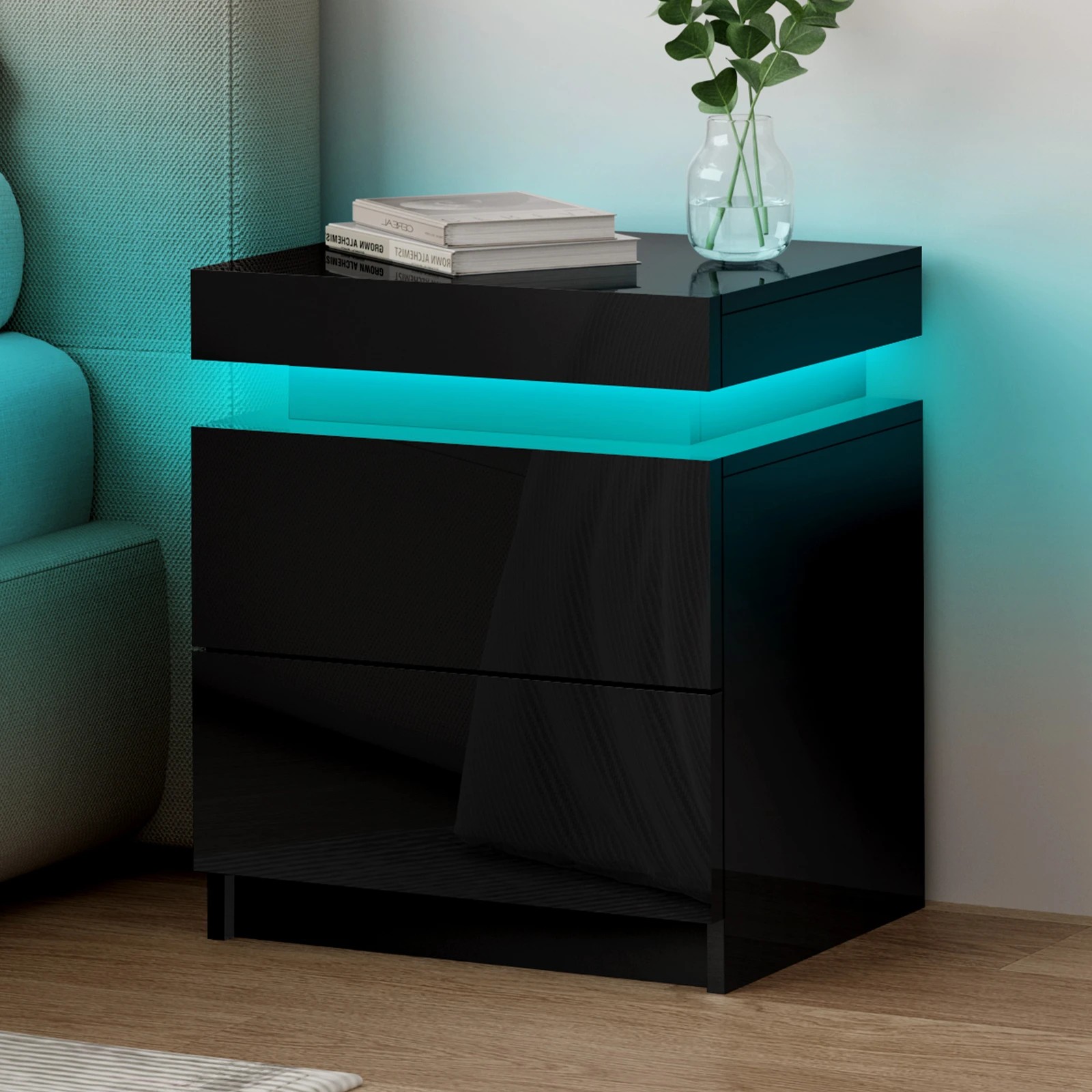 2 Alfordson Bedside Table RGB LED Nightstand 2 Drawers 4 Side High Gloss - Black, 2 of 10