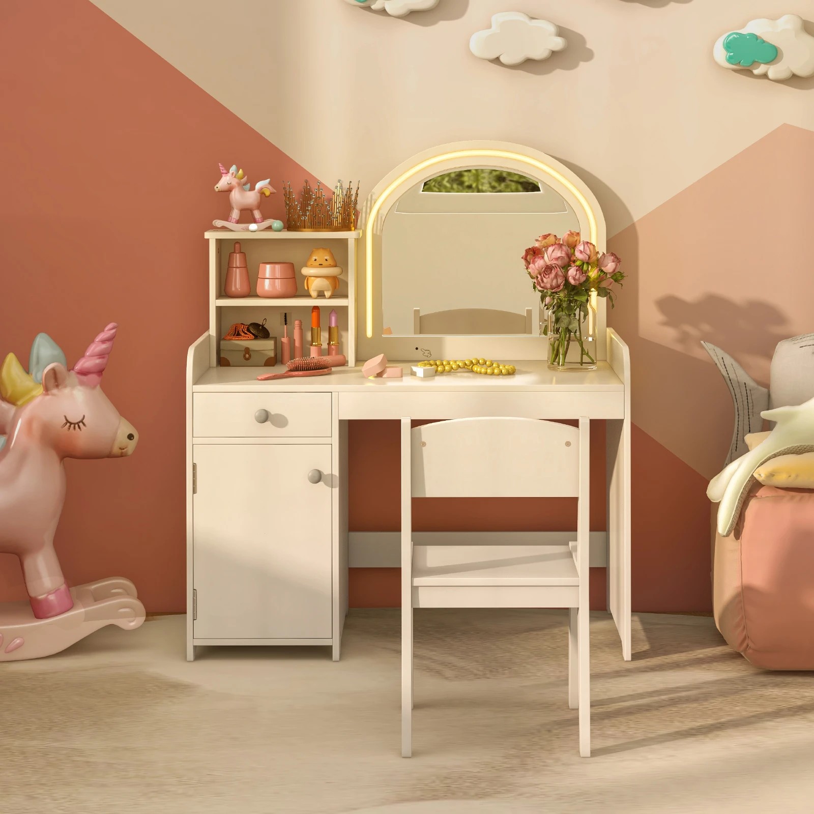 3 Costway Vanity Dressing Playset Pretend Makeup Table & Chair, 3 of 4