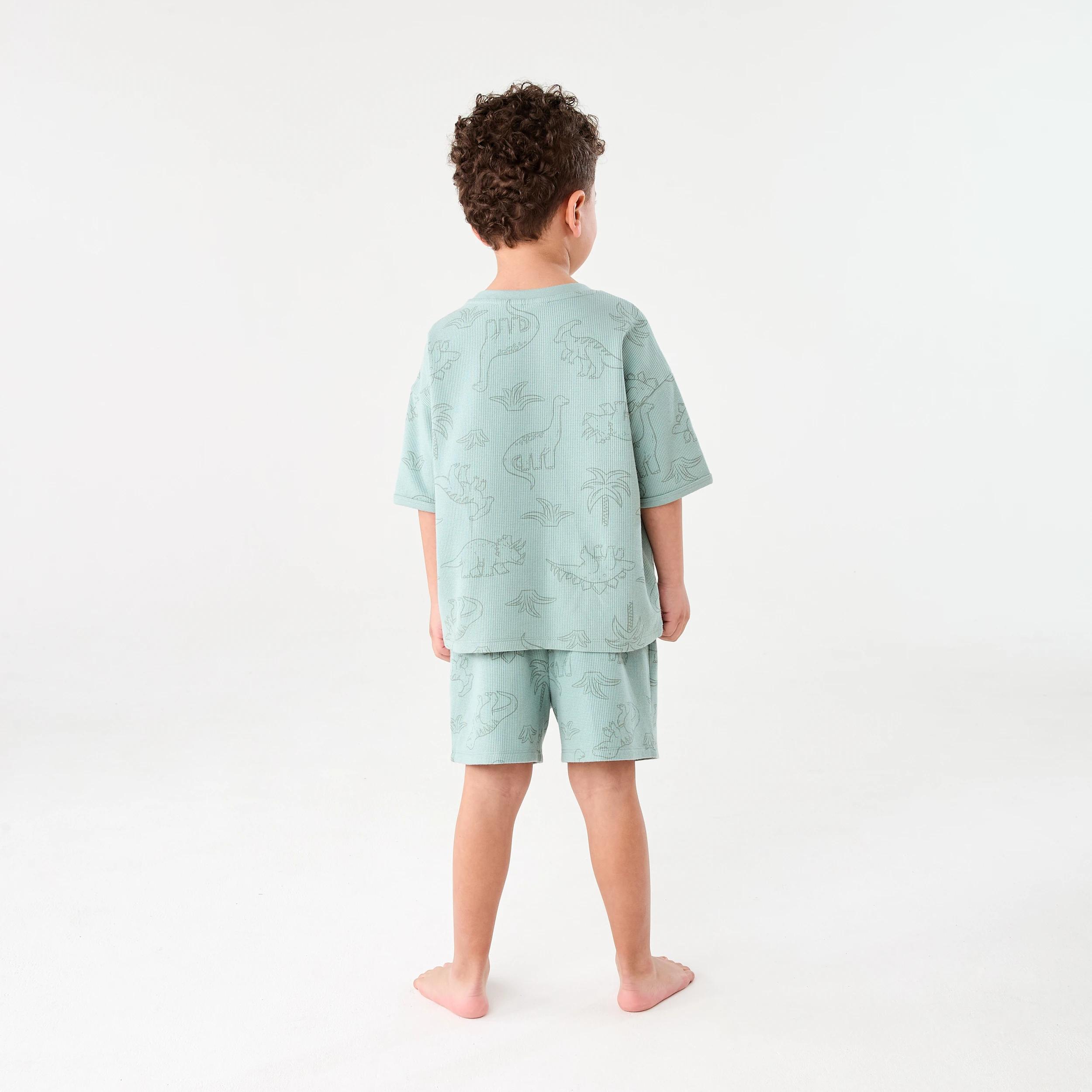 2 Short Sleeve Waffle Pyjama Set GREEN DINOS, 2 of 7