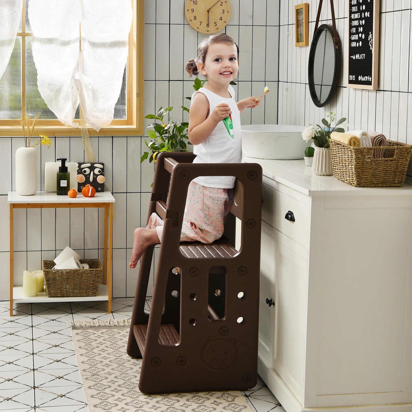 4 Costway Kids Step Stool Adjustable Tower - Brown, 4 of 4