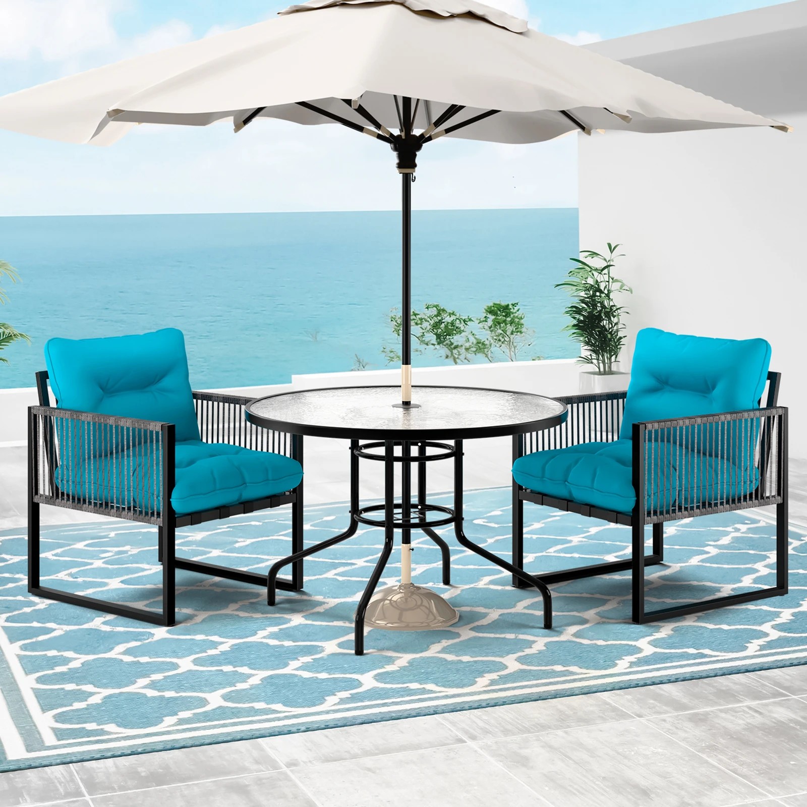 3 Alfordson Outdoor Lounge Set Table and Chairs Patio Furniture Glass Armchair - Blue, 3 of 10