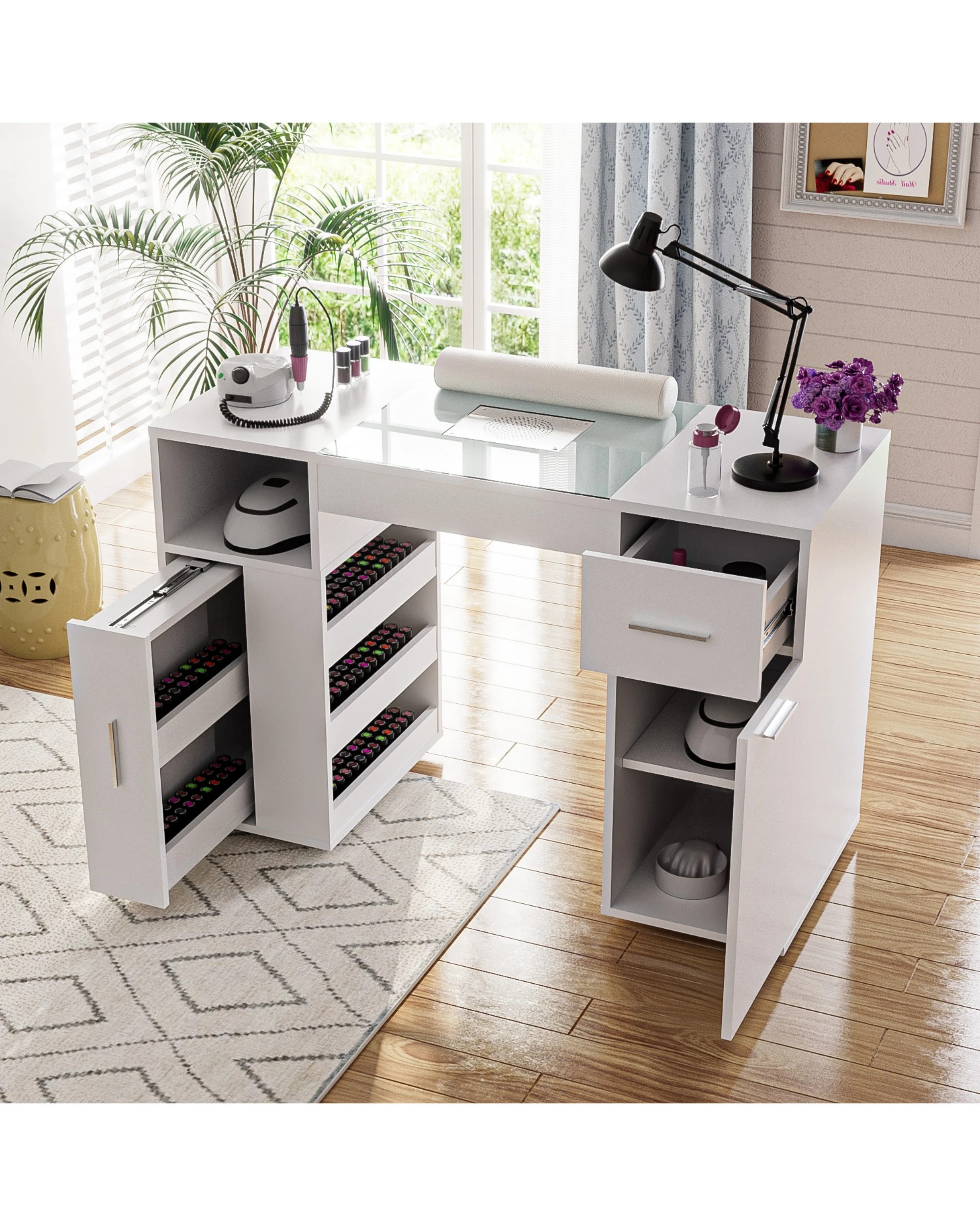 2 Advwin Manicure Table Vanity Desk With Dust Collector Glass Top Storage Cabinet - White, 2 of 4