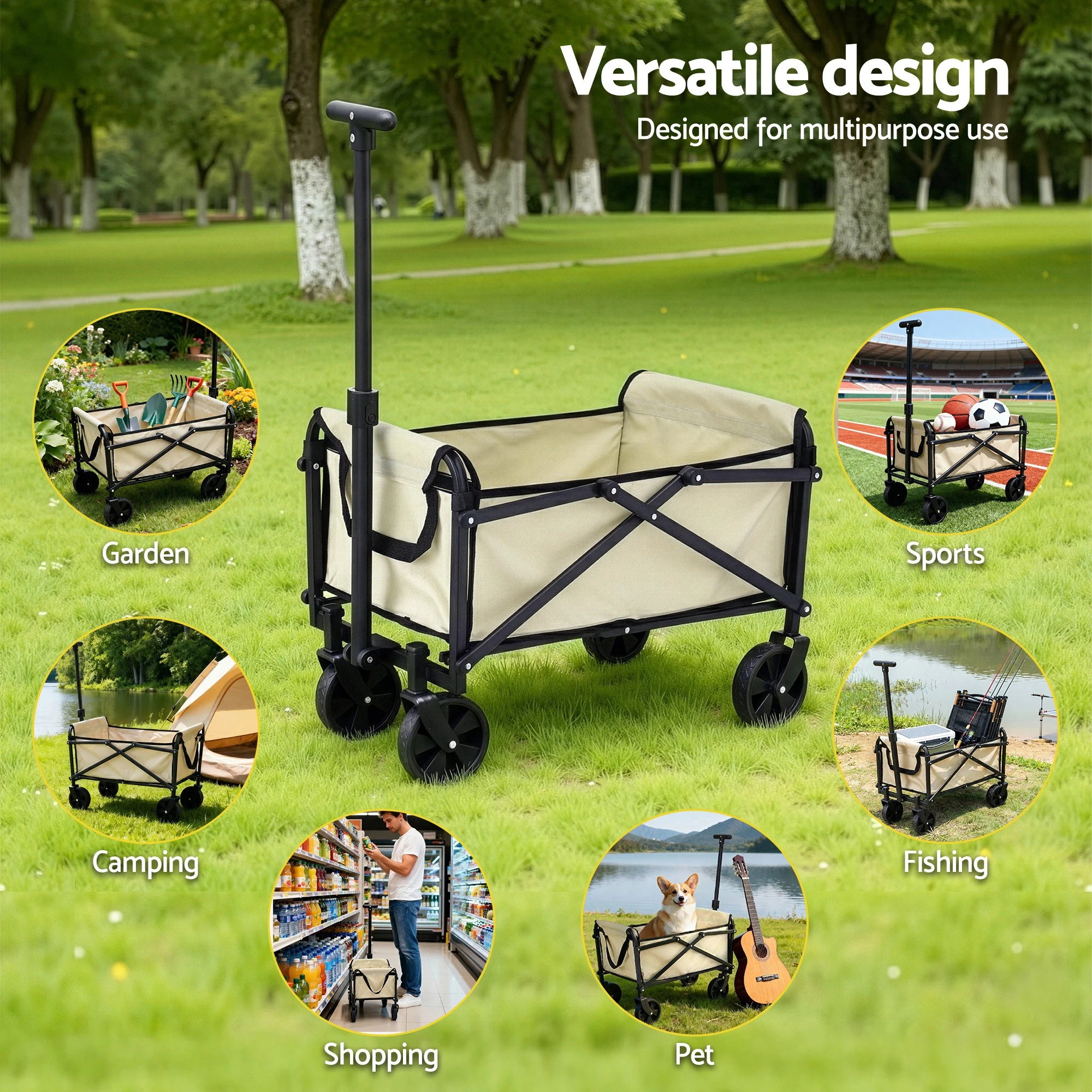 5 Gardeon Garden Cart Folding Trolley Camping Wagon Barrow Outdoor Beach - Beige, 5 of 7