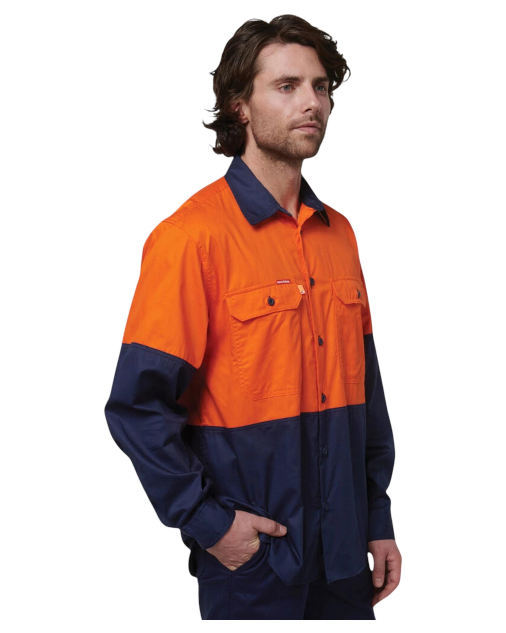 5 Hard Yakka 2 Pack Basic 2 Tone Long Sleeve Vented Drill Shirt ORANGE/NAVY, 5 of 6