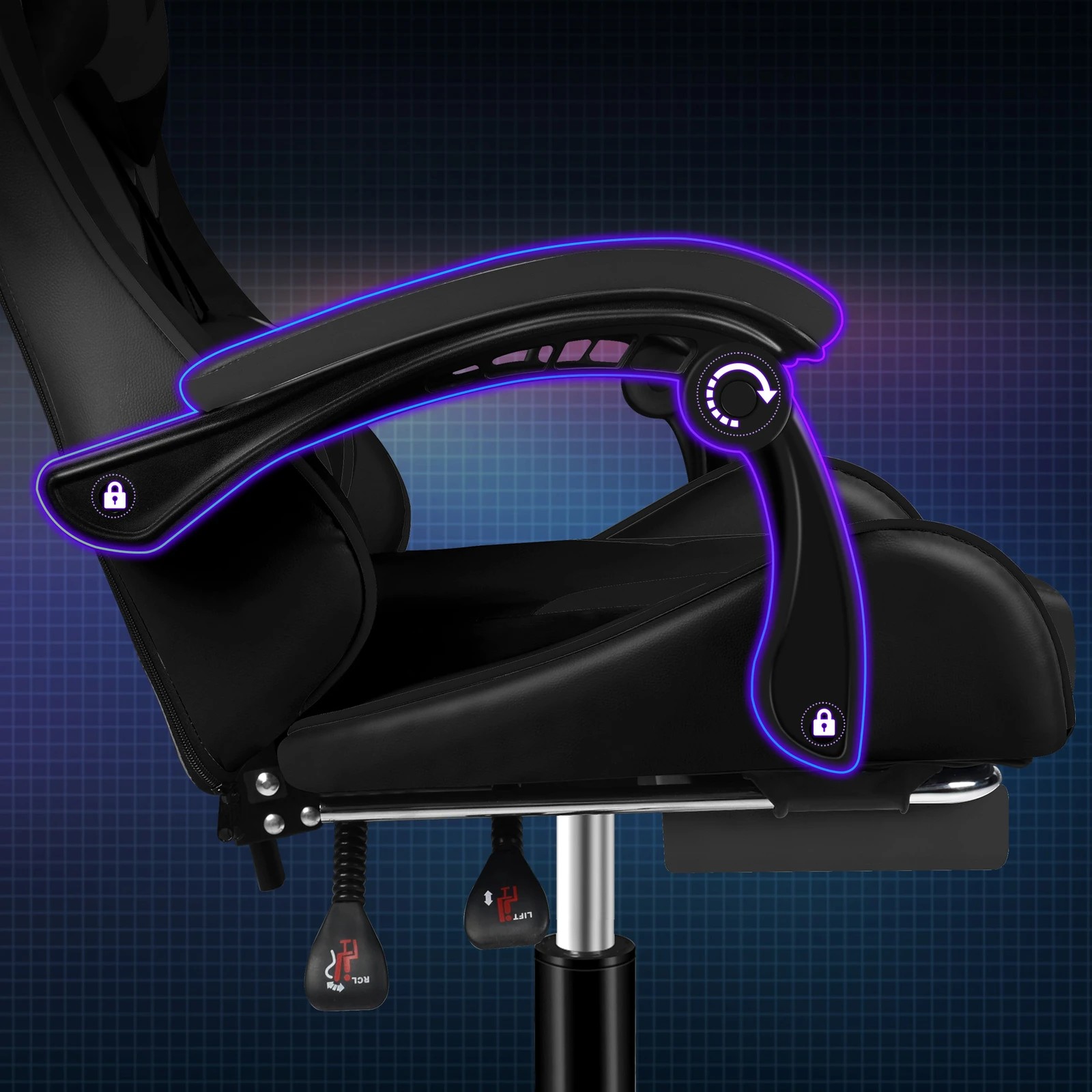 2 Alfordson Gaming Office Chair Massage Computer Footrest Seat Leather - All Black, 2 of 10