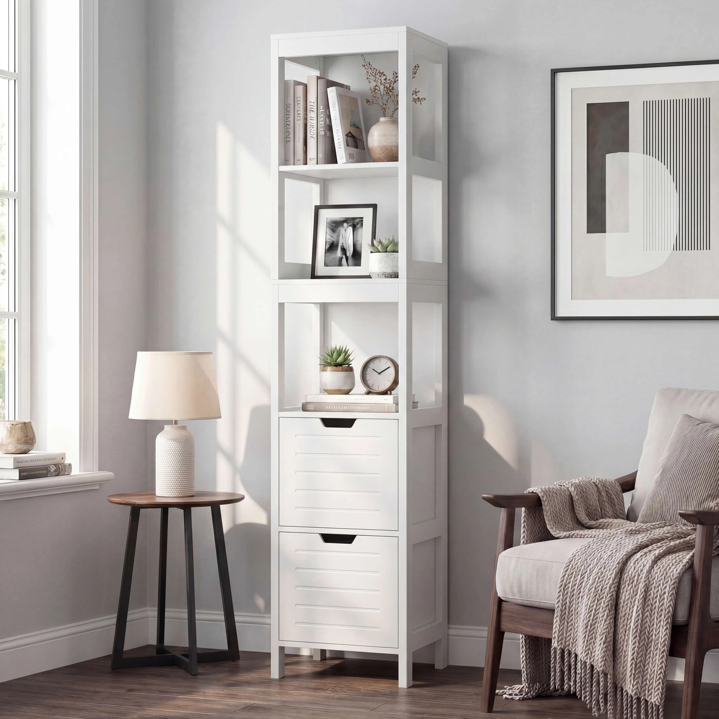 4 Costway 145cm Bathroom Cabinet 5-Tier Wood Storage Organiser w/2 Drawer, 4 of 5
