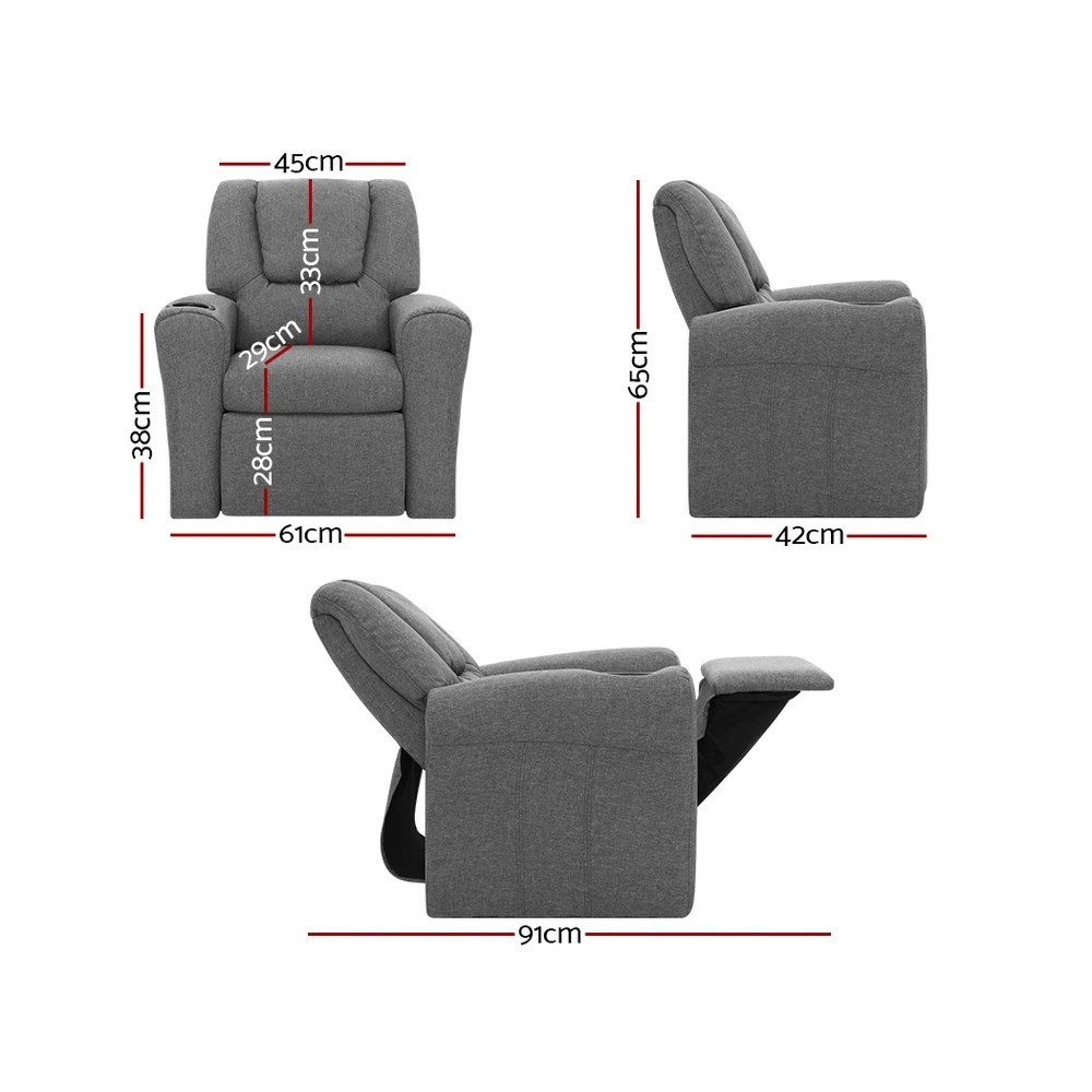 2 Keezi Kids Recliner Chair  Linen Soft Sofa Lounge Couch Children - Grey, 2 of 7
