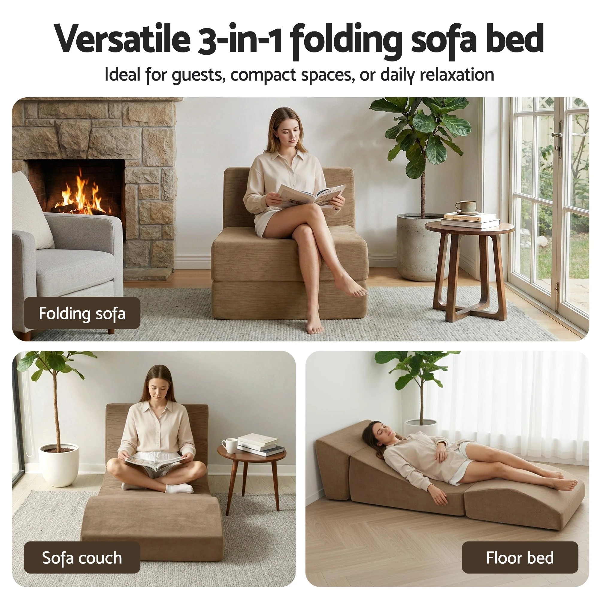 2 Artiss Folding Sofa Bed Convertible Armless Foam Floor Futon Lounger Couch - Brown, 2 of 8