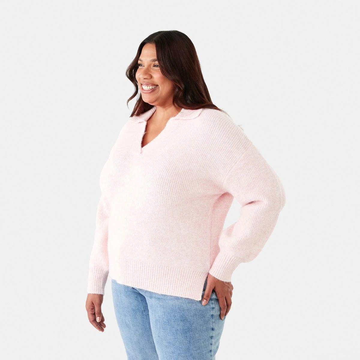 2 Curve Chunky Knit Polo Jumper Soft Pink, 2 of 6