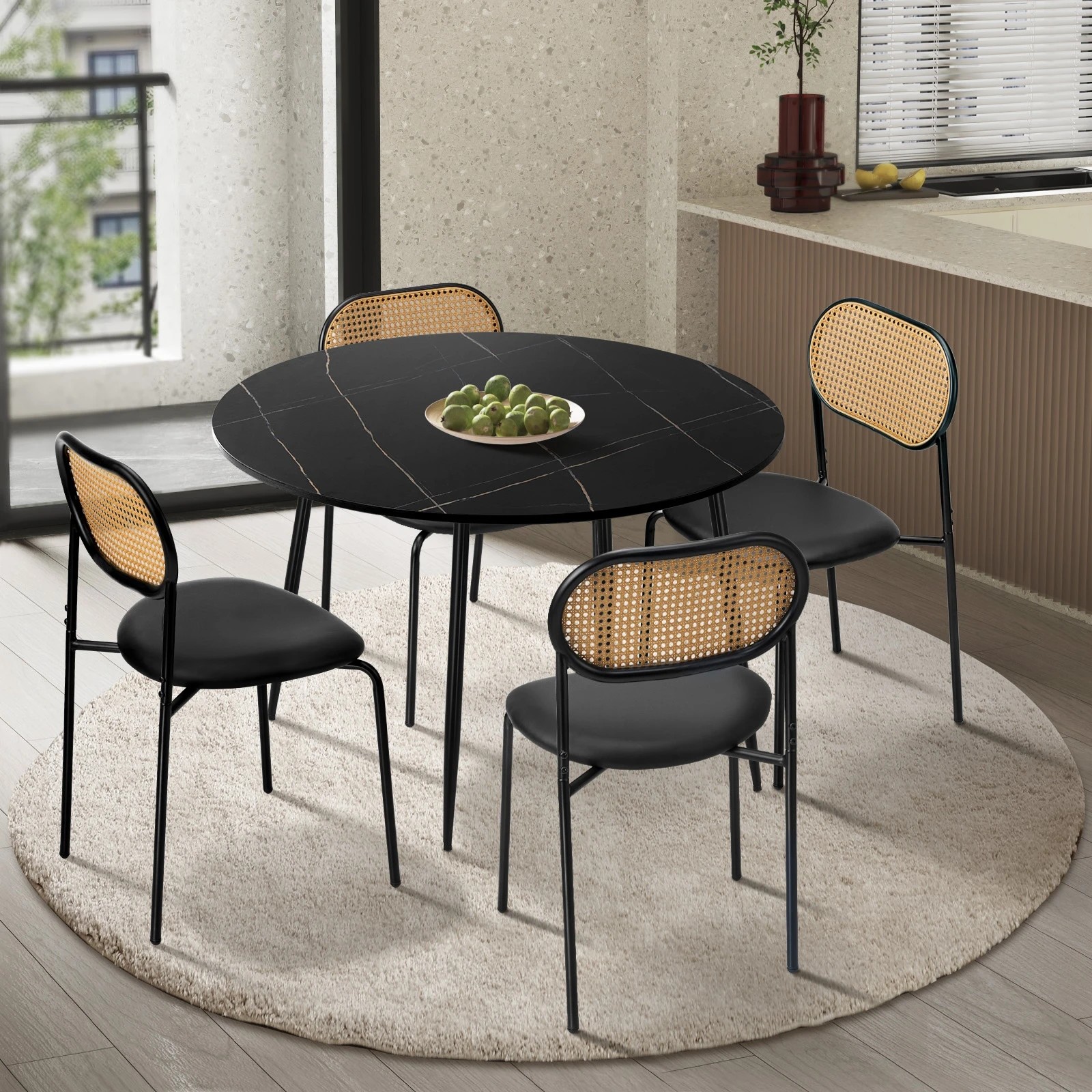 3 Oikiture 110cm Round Dining Table with 4PCS Dining Chairs PU Leather - Black, 3 of 9