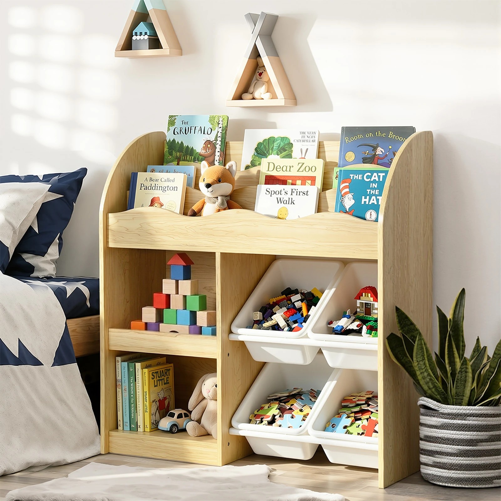 4 Oikiture Kids Bookshelf 4 Bins Toy Box Storage Organiser Display Shelf
 - Natural, 4 of 10