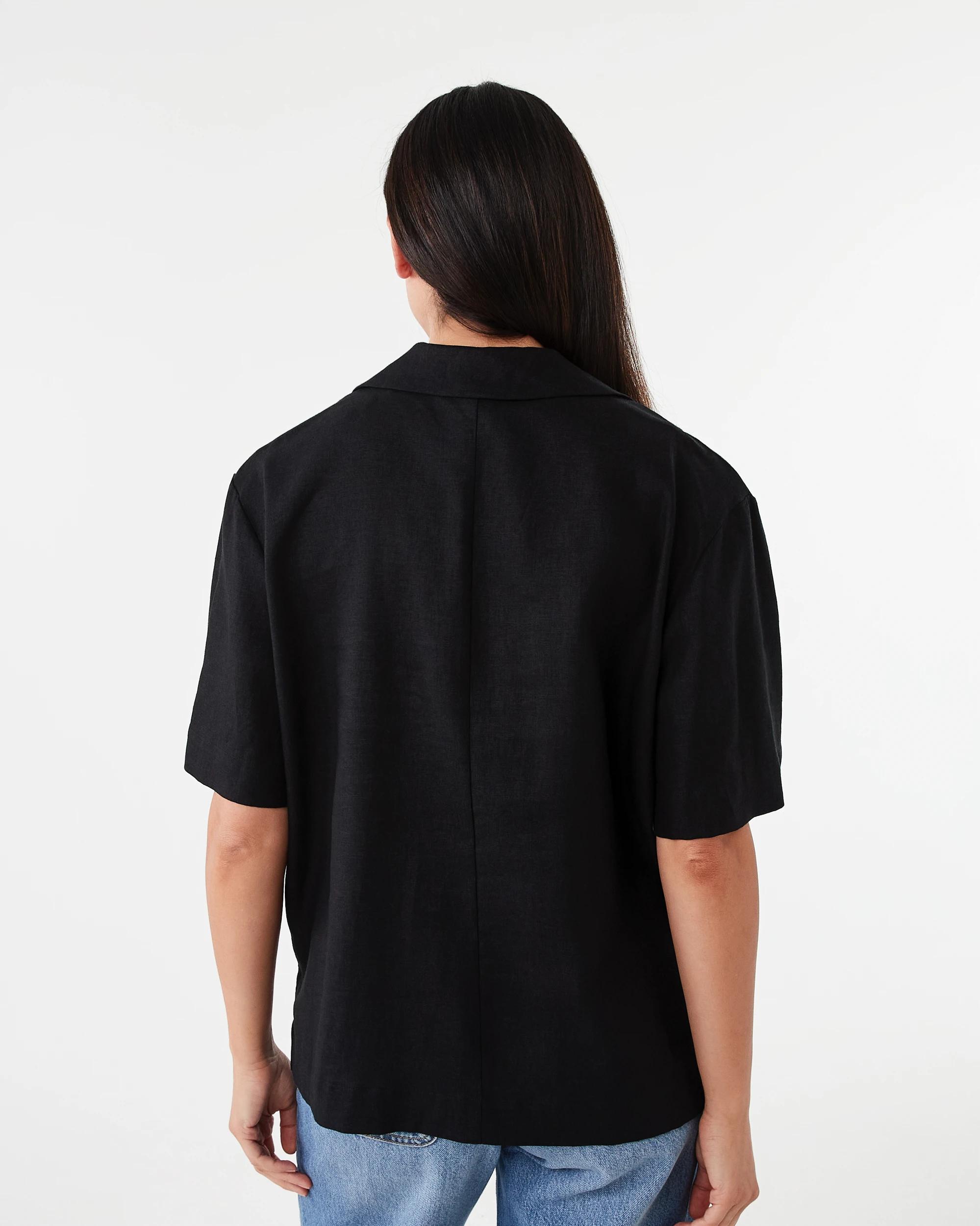 3 Short Sleeve Linen Blend Gold Button Top Black, 3 of 7