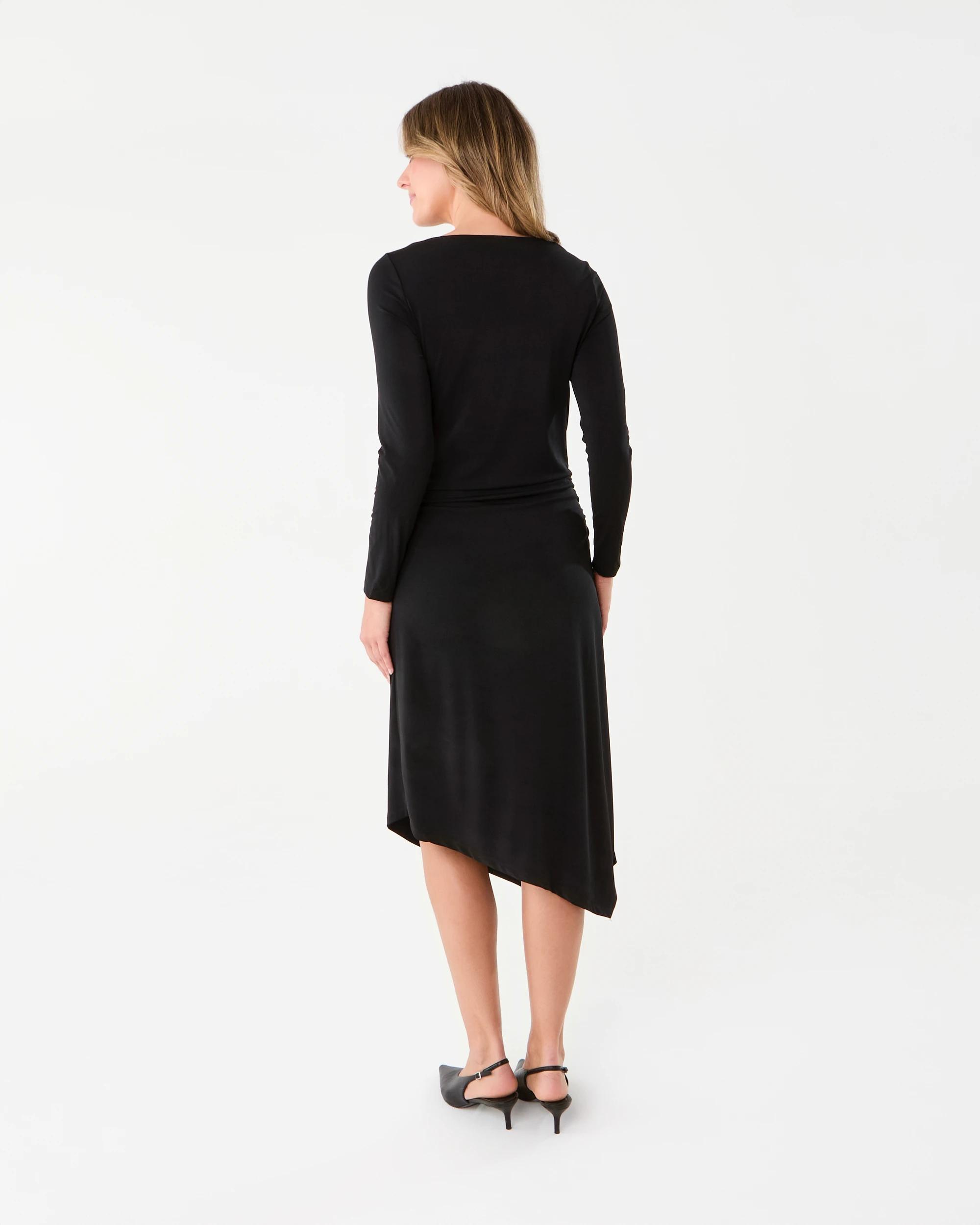 3 Long Sleeve Luxe Asymmetrical Hem Midi Dress Black, 3 of 7