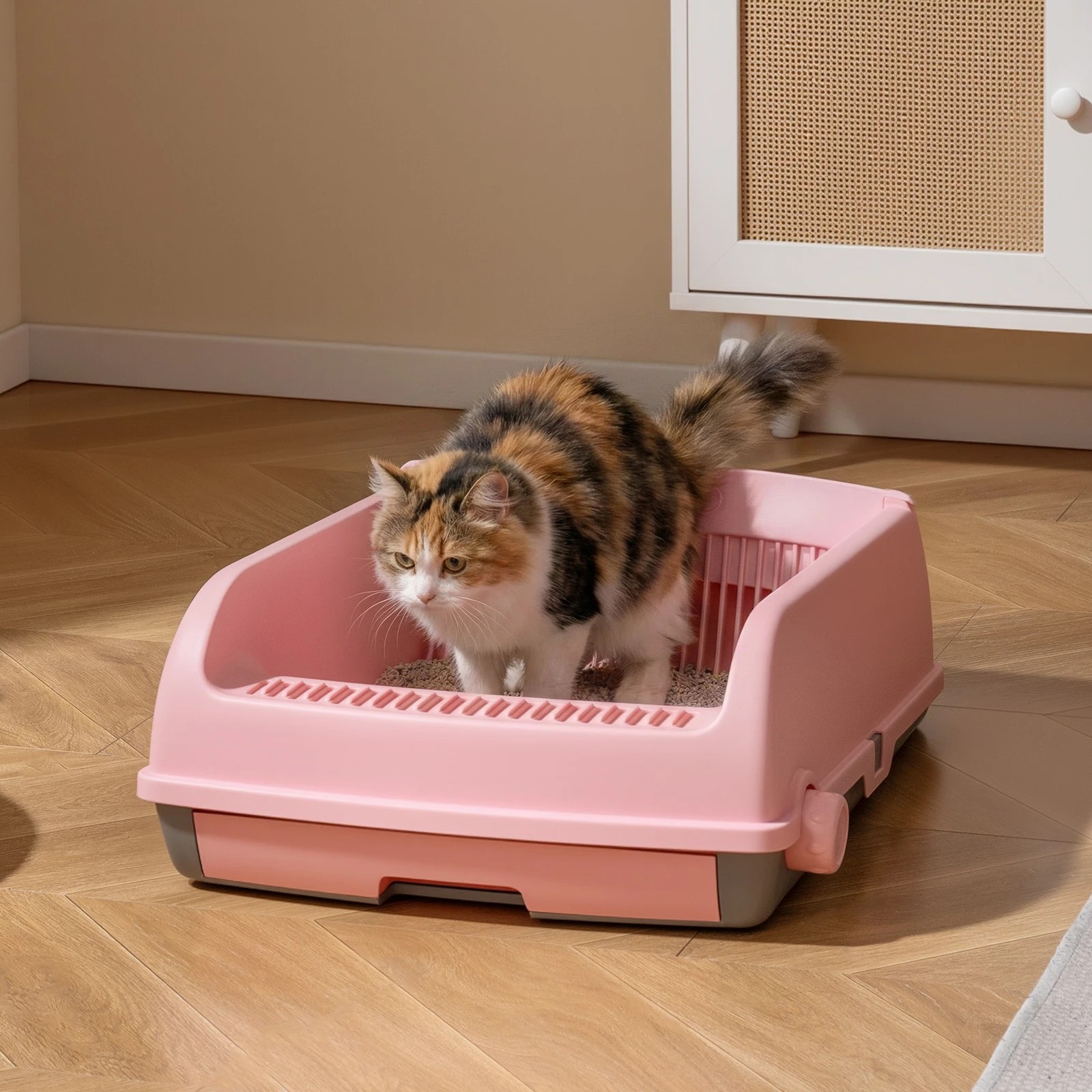 4 Costway Semi-auto Open-top Cat Litter Box Splash-proof Cat Toilet w/Sliding Scoop - Pink, 4 of 7