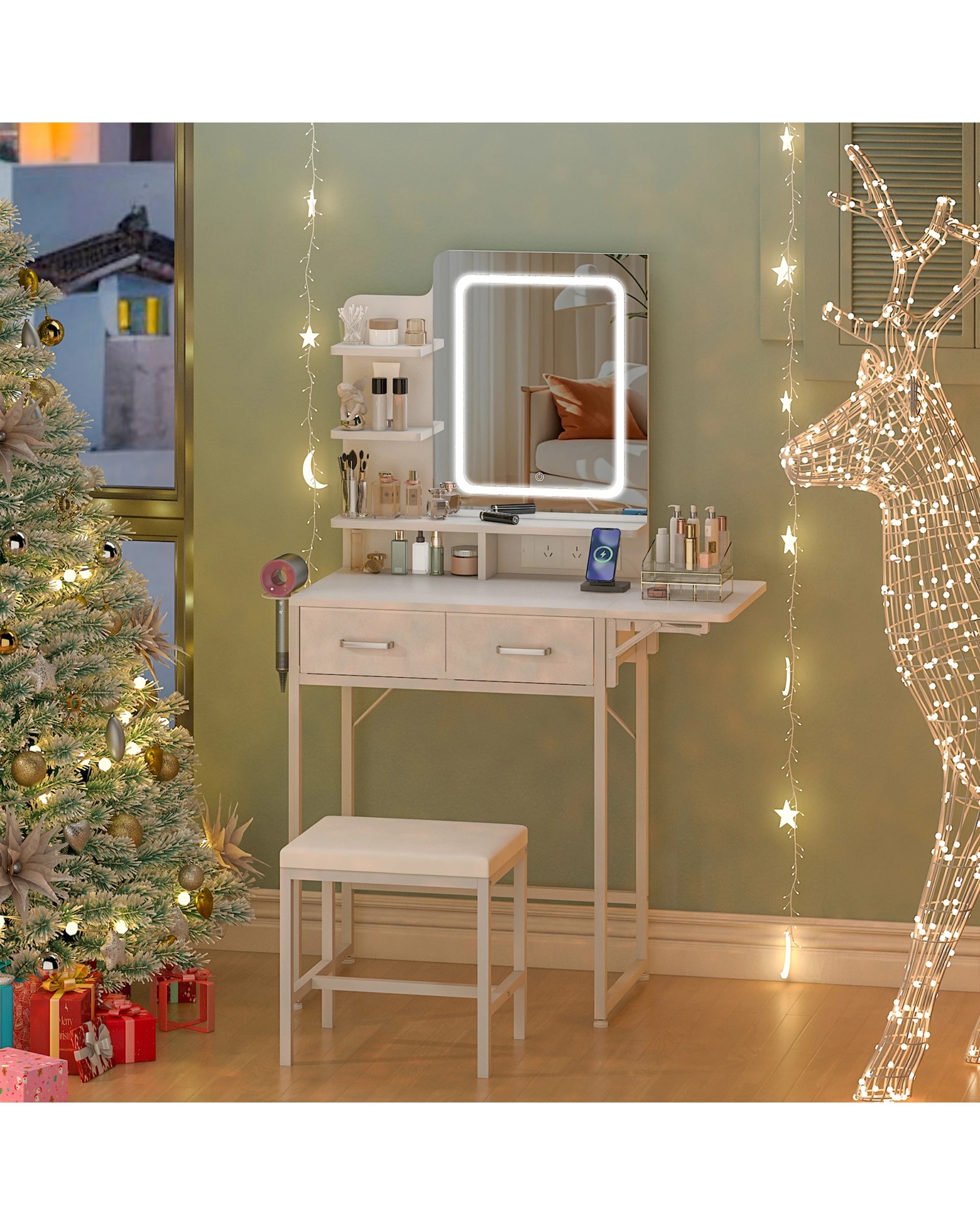 7 Advwin Dressing Table Set LED Light Charging Station Glass Cabinet Tabletop - White, 7 of 8