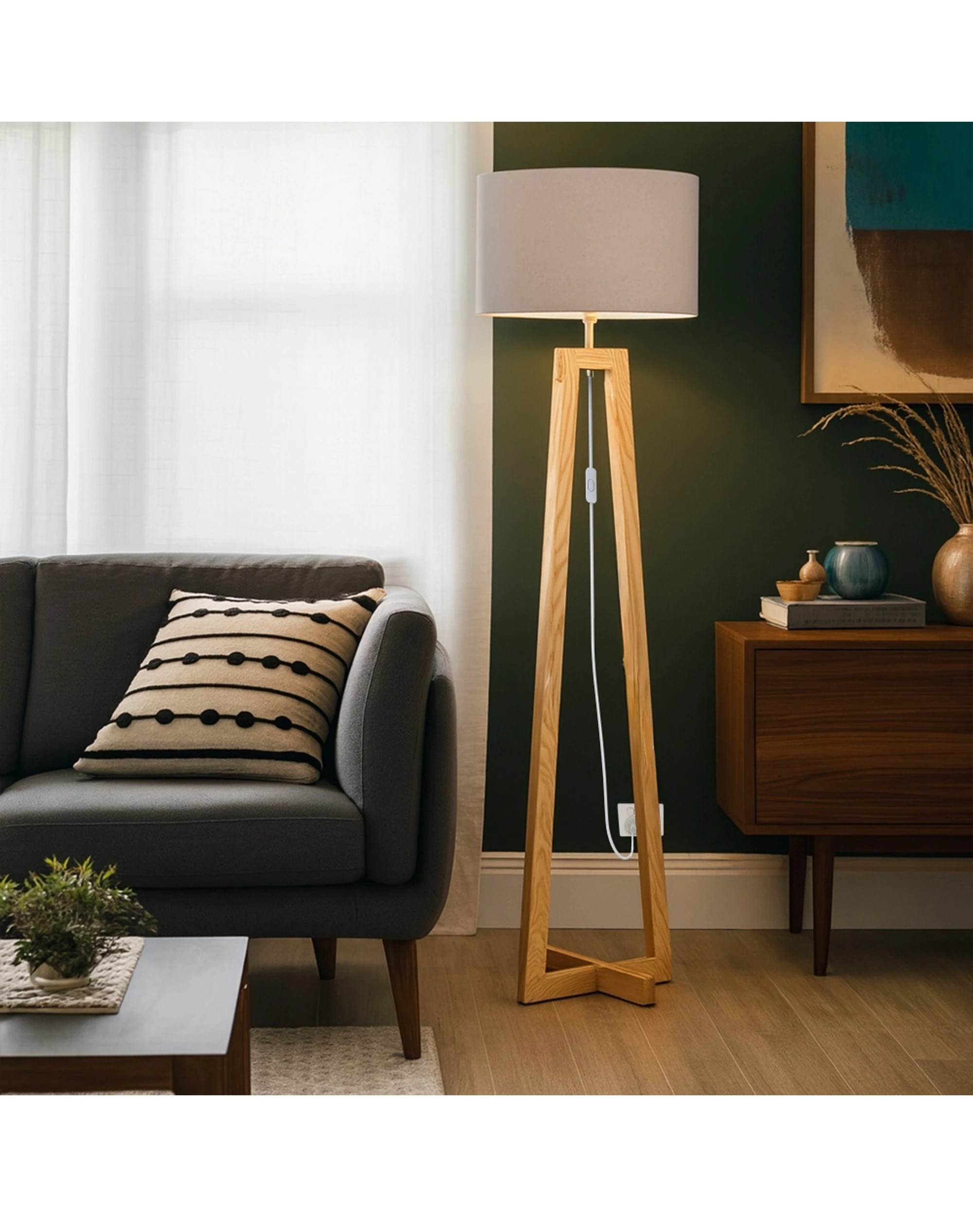 4 Urban Style Dana Floor Lamp Shade Tripod Timber Base Inline Switch - Grey, 4 of 4
