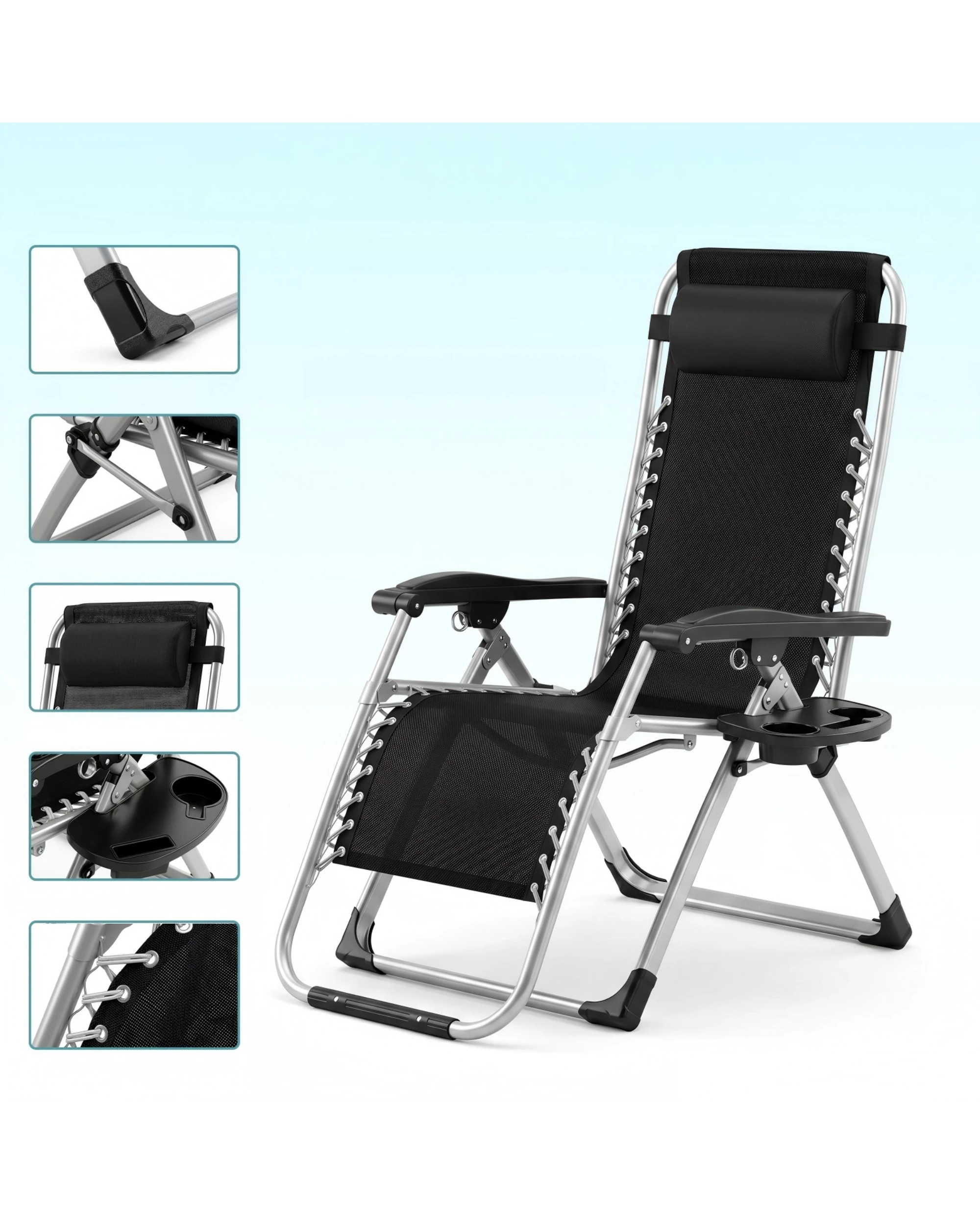 6 Advwin Zero Gravity Chair, 170° Adjustable Folding Recliner with Pillow & Cup Holder & Upgraded Lock 440LBS - Grey, 6 of 7