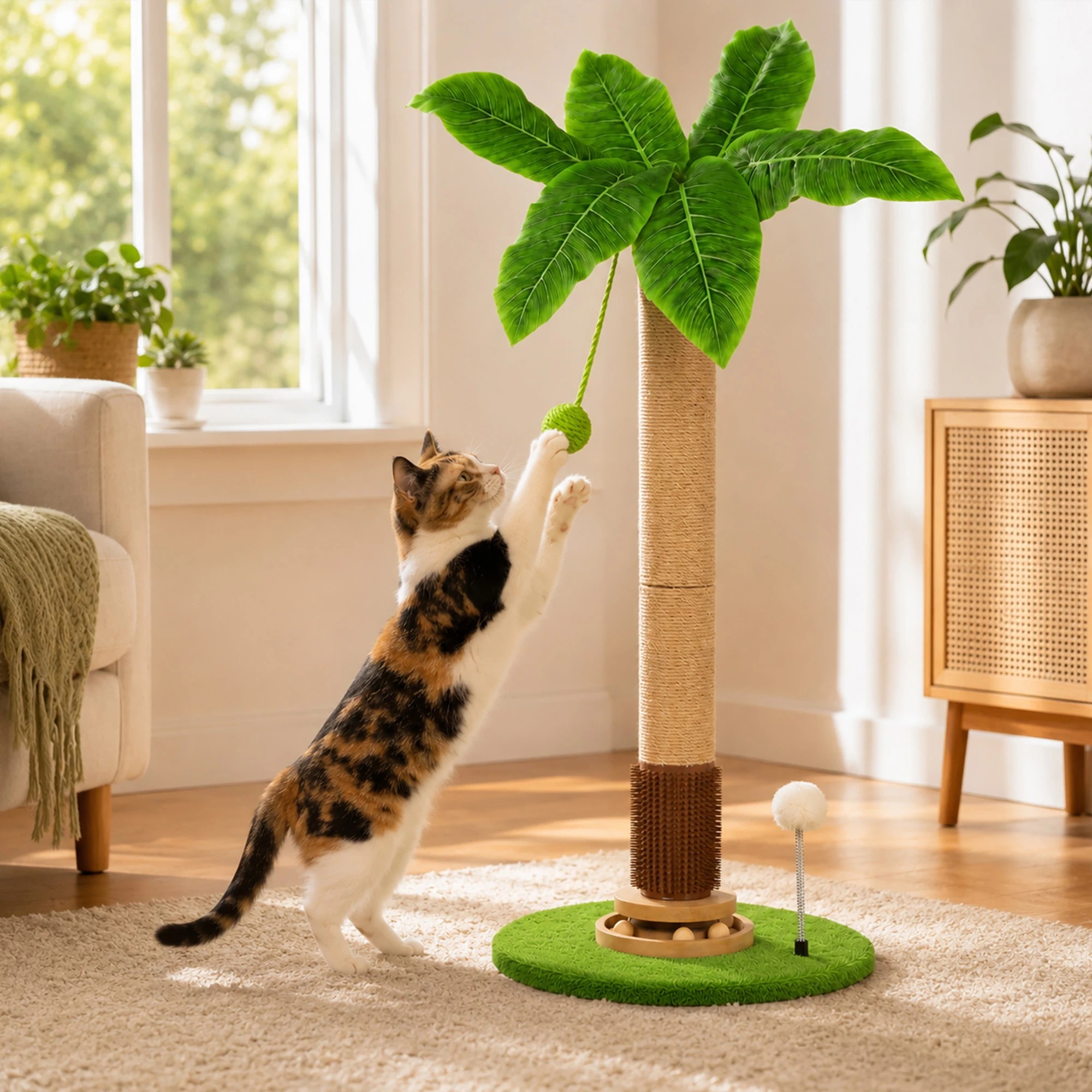 7 Pawz Cat Scratching Post Palm Tree Cat Scratcher Balls Sisal - Green - Green, 7 of 8