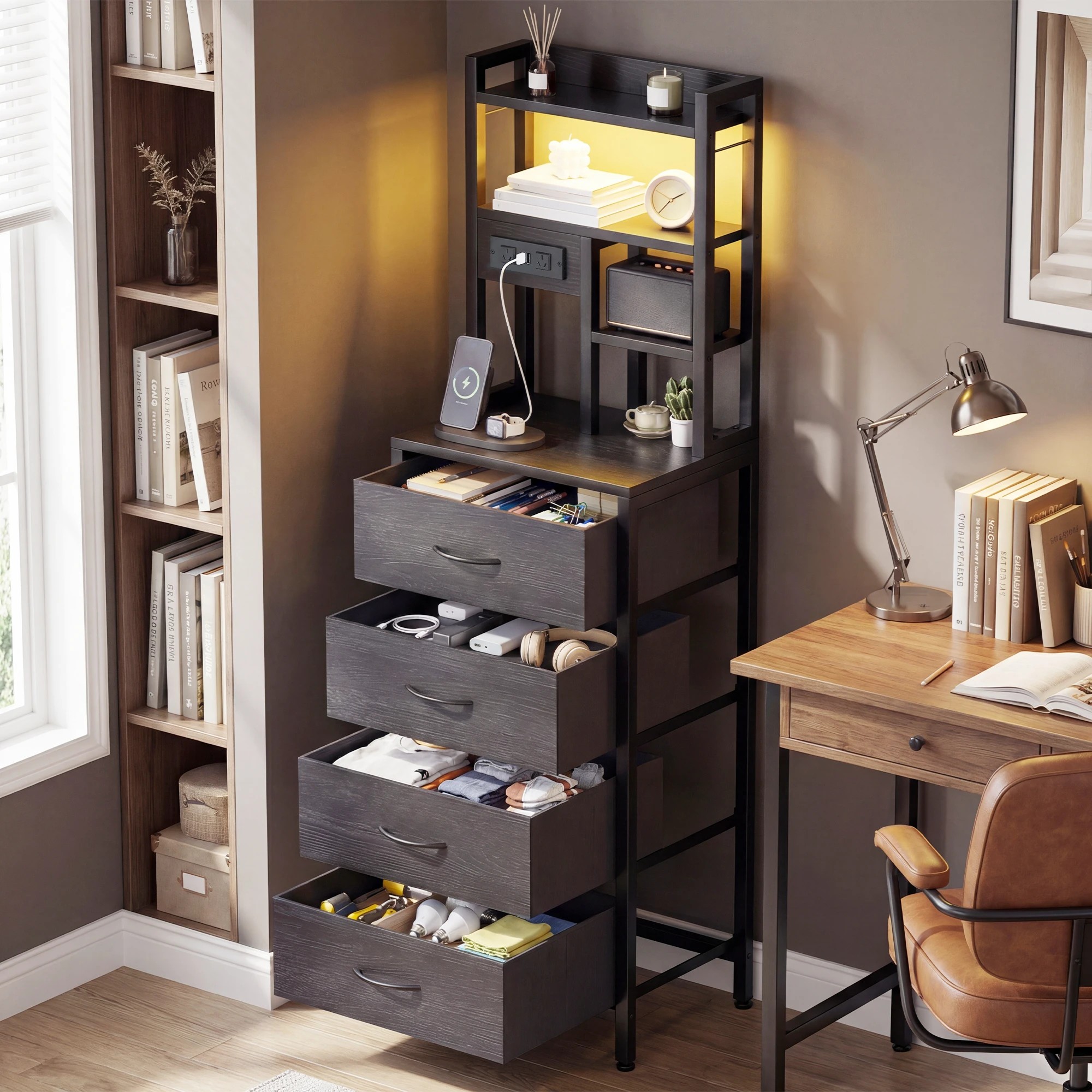 7 Advwin LED Tall Bedside Table with Charging Station 4 Drawers Open Shelves - Black, 7 of 9