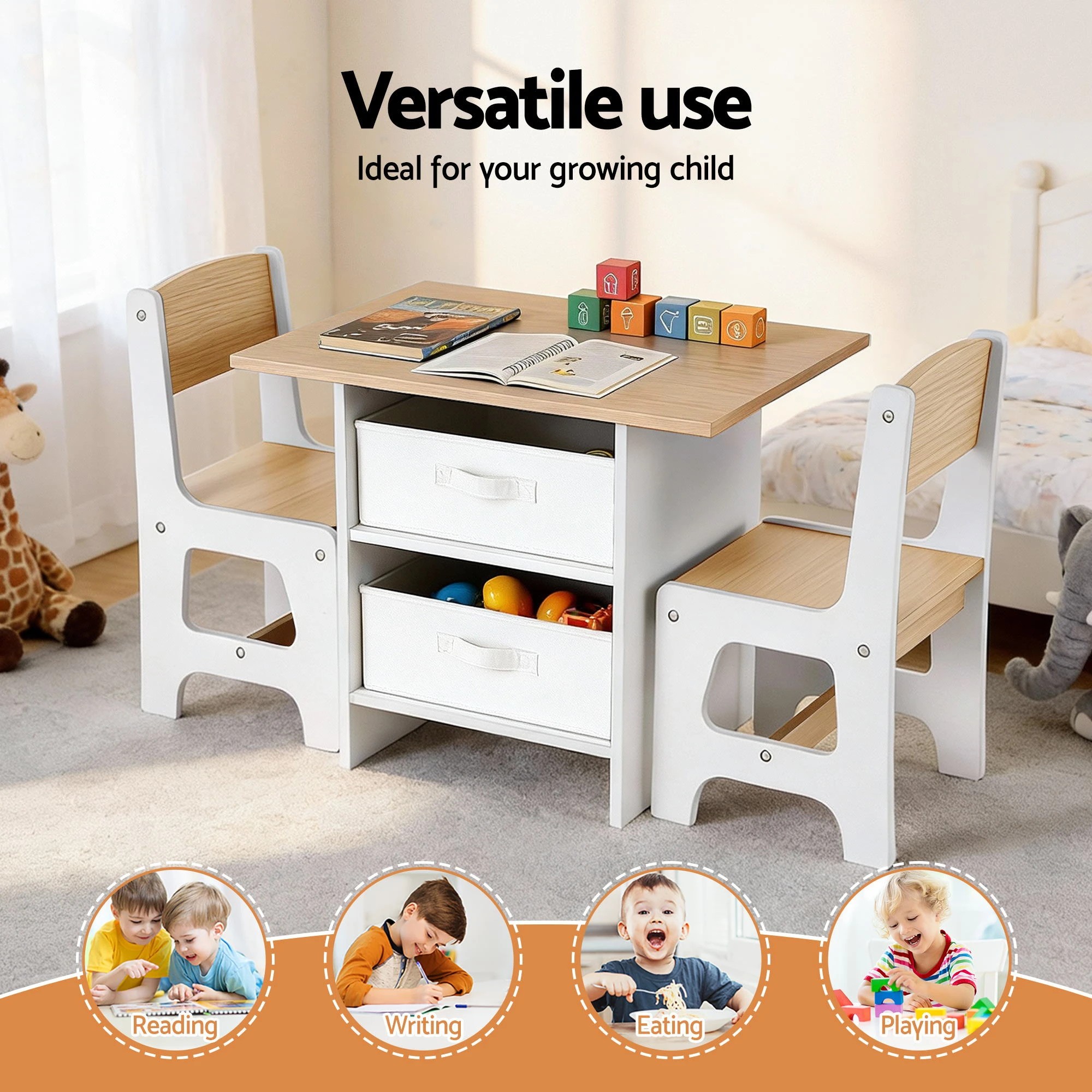 3 Keezi Kids Table and 2 Chairs Set Wooden Activity Table wit 2 Storage Drawers - Natural, 3 of 4