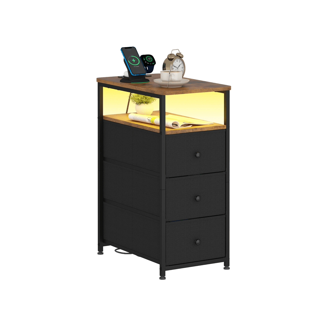 1 Advwin LED End Table Sofa Side Table with Charging Station and Drawers Narrow Bedside Table, 1 of 10