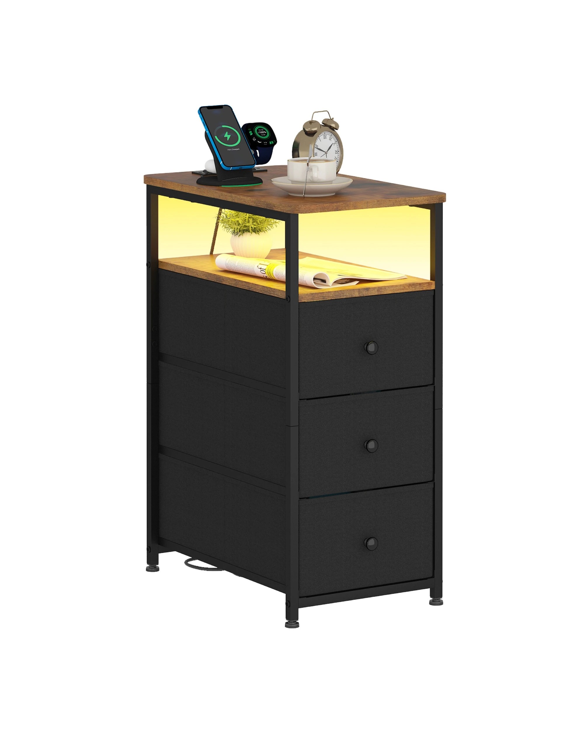 1 Advwin LED End Table Sofa Side Table with Charging Station and Drawers Narrow Bedside Table, 1 of 10