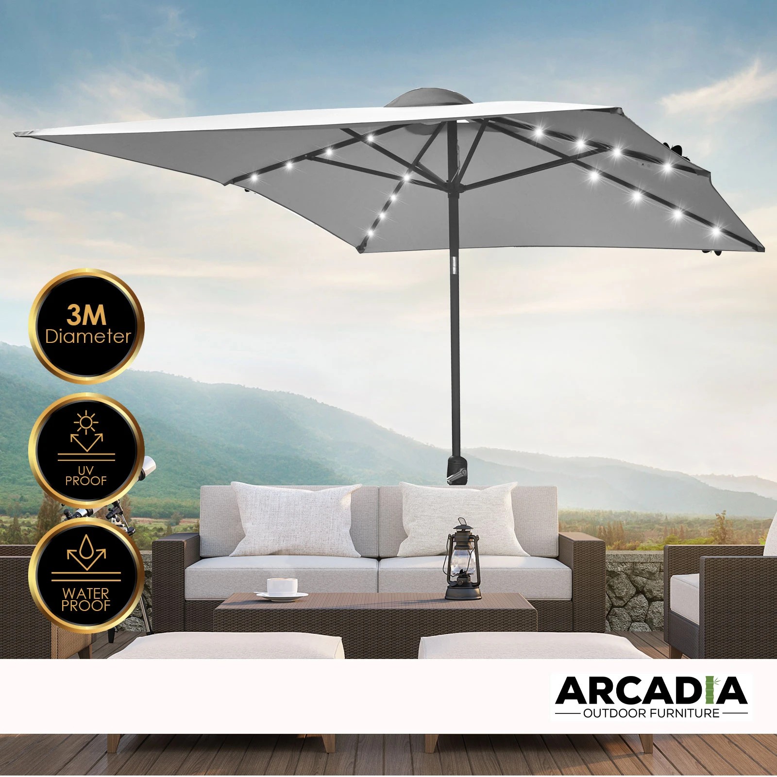 9 Arcadia Furniture Umbrella 3 Metre Umbrella with Solar LED Lights Garden Yard - Grey, 9 of 10