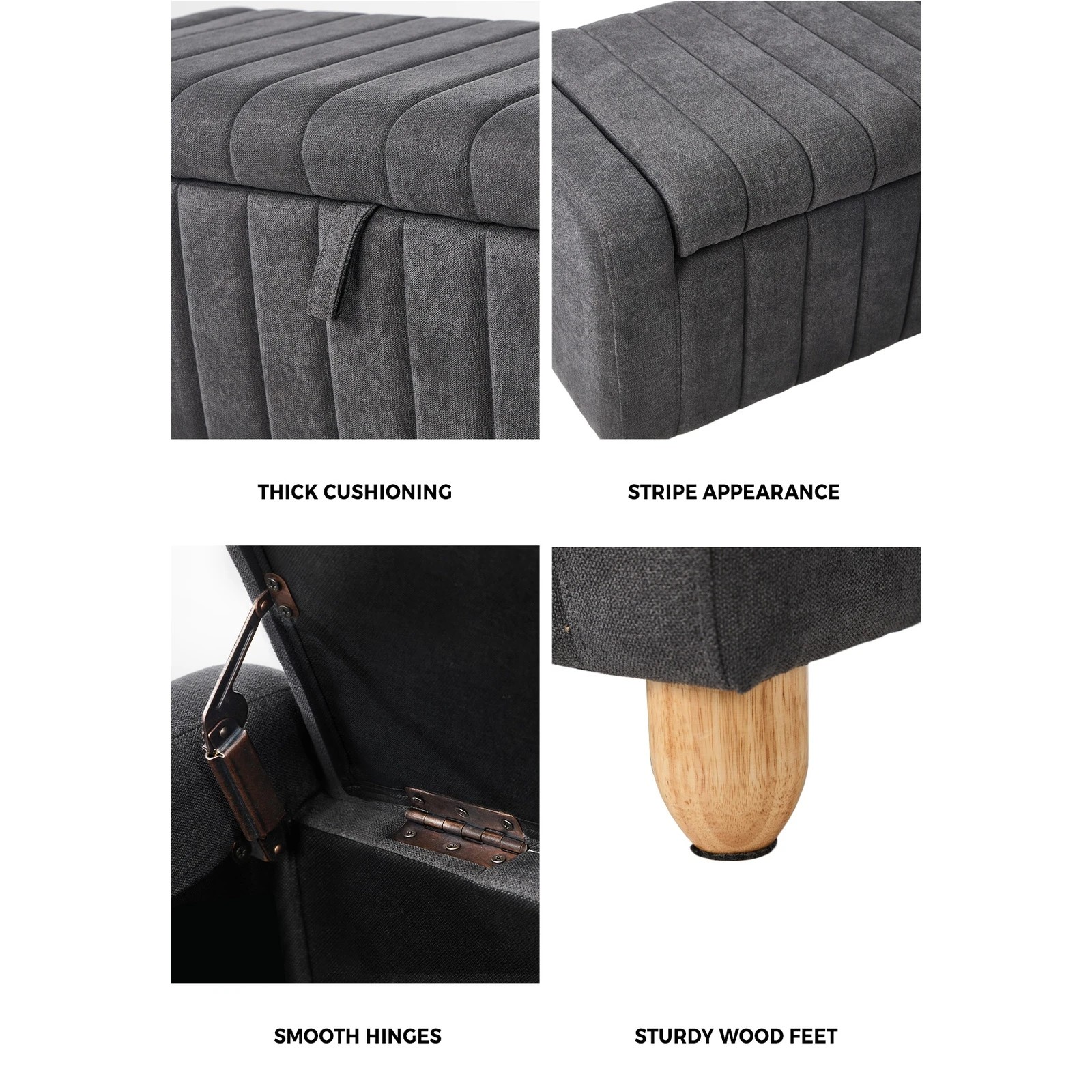 5 Oikiture Storage Ottoman Couch Stripe Linen - Grey, 5 of 10