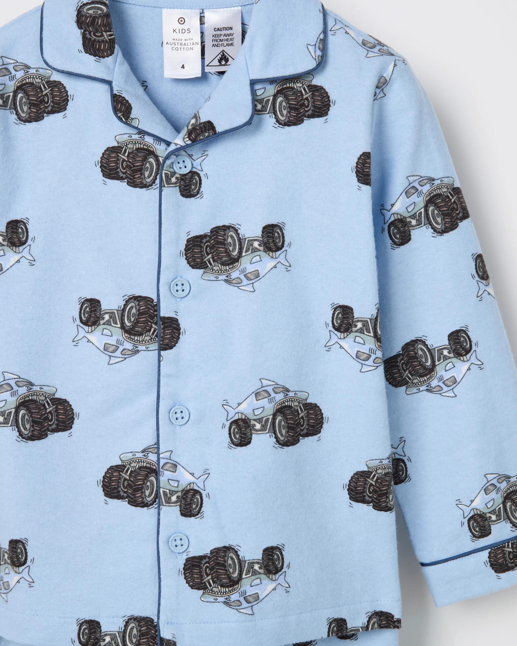 2 Target Kids Younger Boys Australian Cotton Long Sleeve Top & Long Length Pants Flannel Pyjama Set SHARK MONSTER TRUCK, 2 of 3