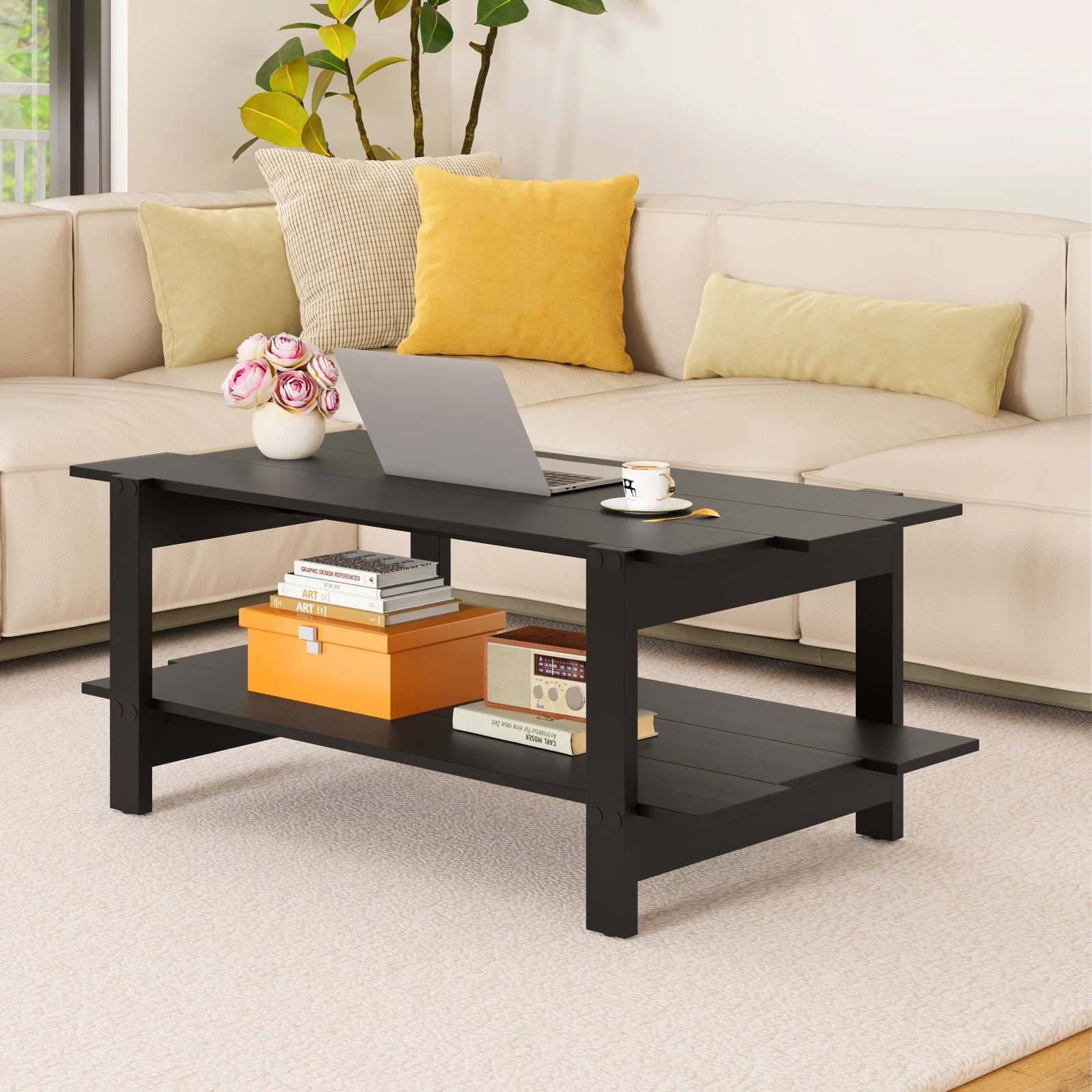 2 Costway 2-Tier Coffee Table Slatted Wood Center Table Rectangular Cocktail Table, 2 of 4