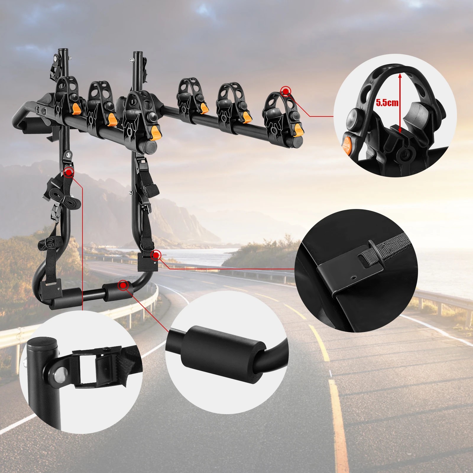 3 Costway 3-Bike Trunk Mount Rack Trunk Bicycle Rack Carrier w/Adjustable Length & Angle - Black, 3 of 7