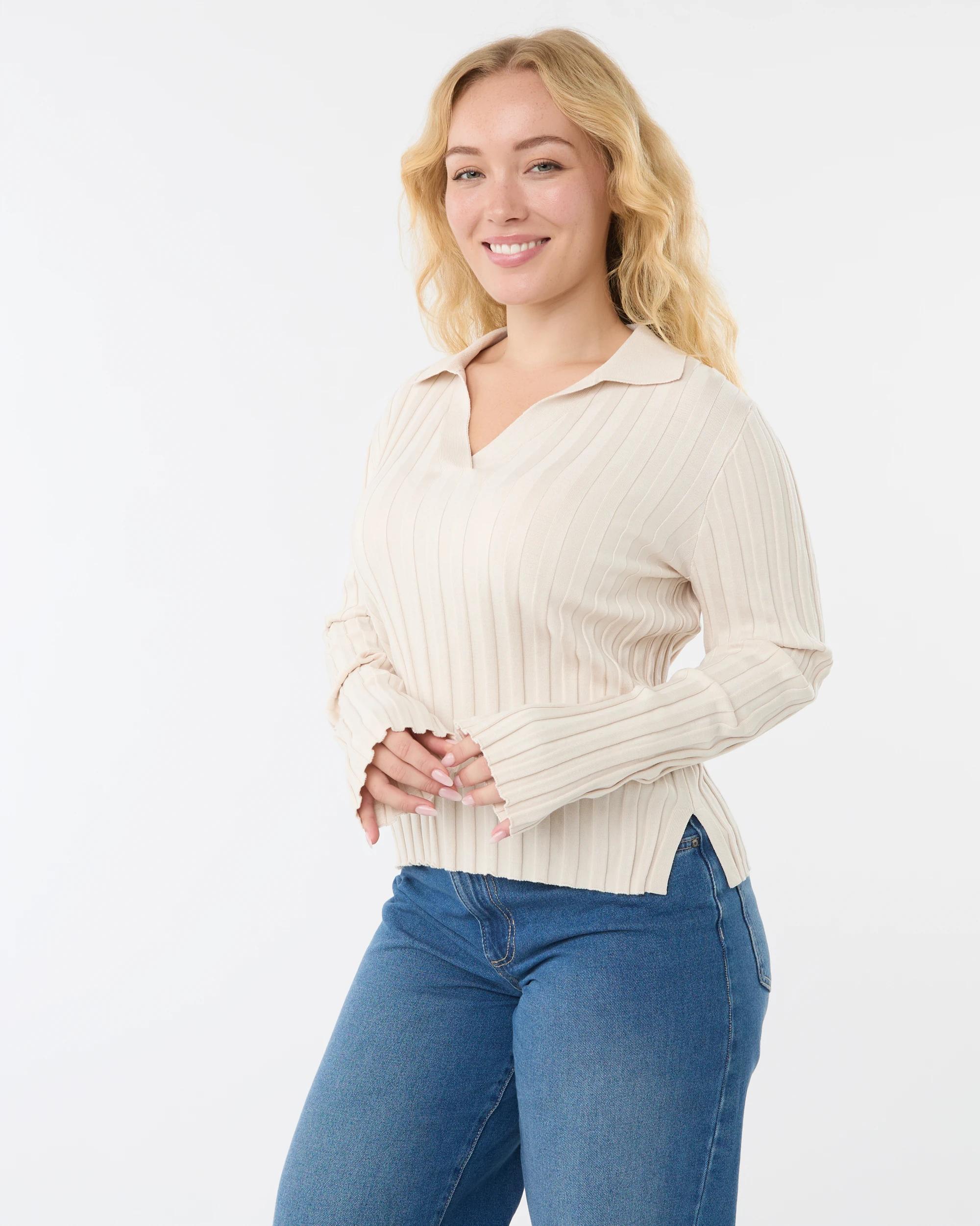 2 Long Sleeve Polo Top Nat Beige, 2 of 6