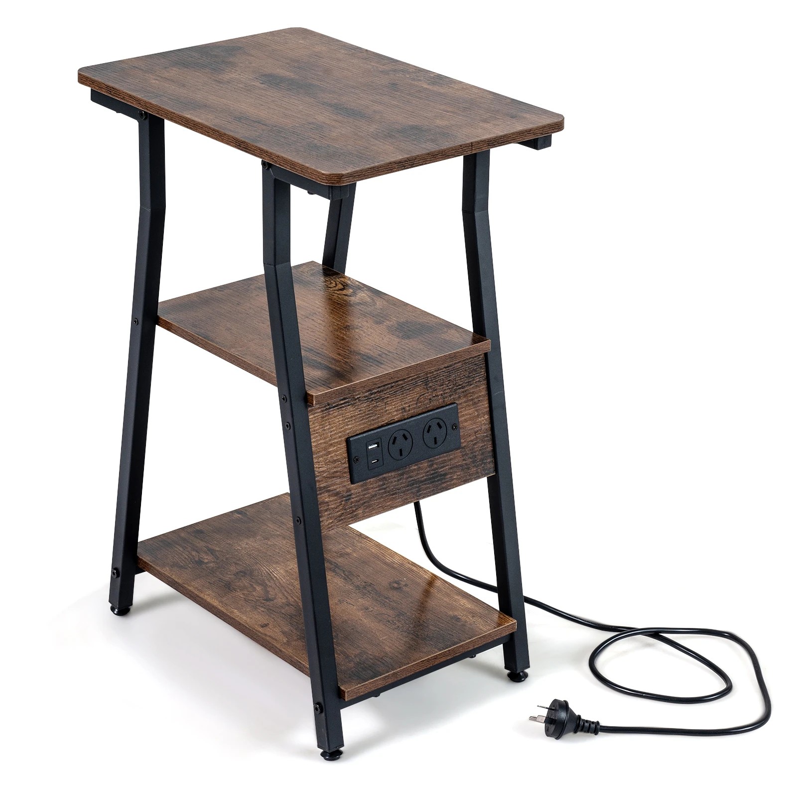 1 Costway 3-Tier Side Table w/Charging Station Industrial Sofa Couch Table, 1 of 5