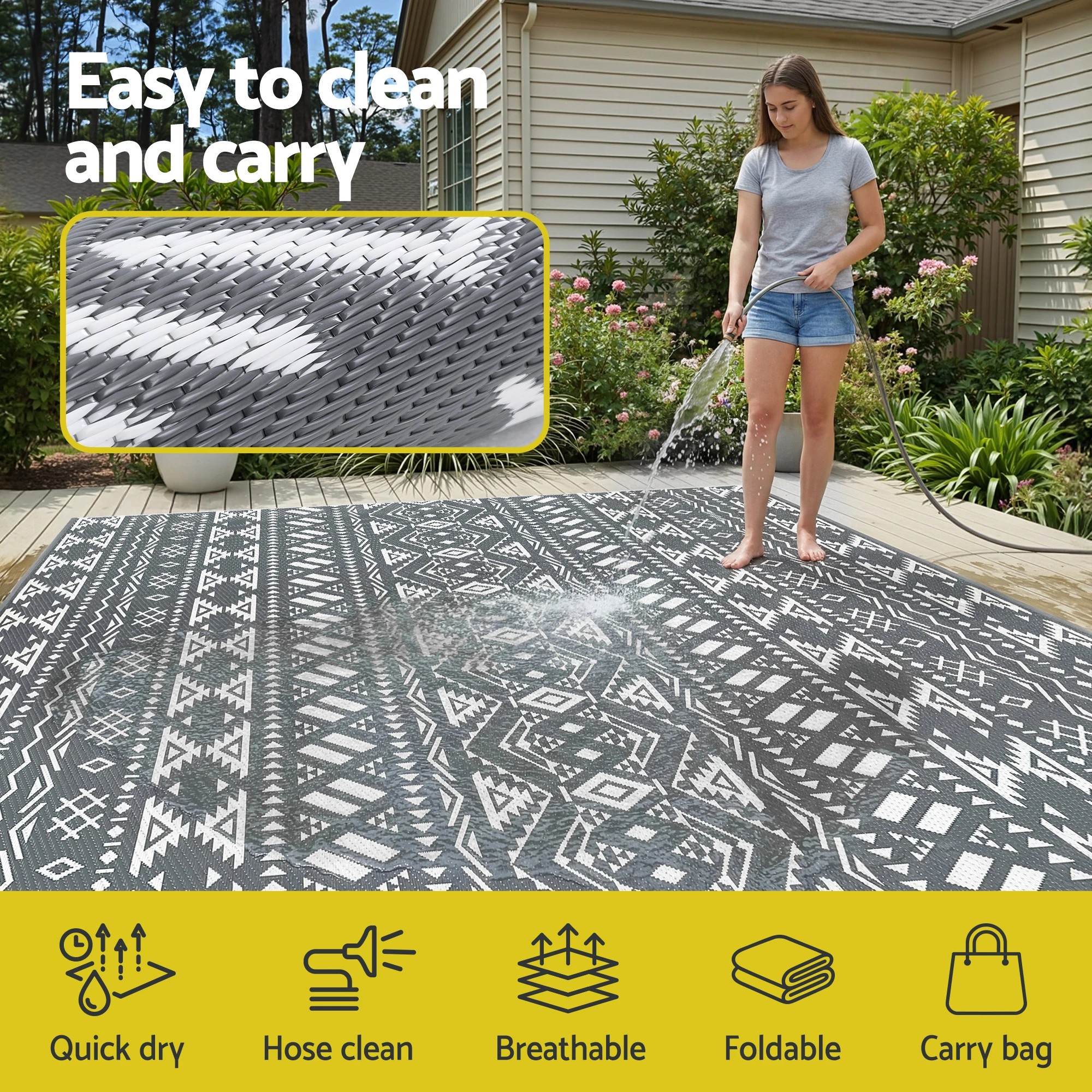 3 Gardeon Outdoor Rugs 274x366cm Large Carpet Reversible Area Mat PP Dual-Sided Patio Rug Bohemian - Grey, 3 of 7