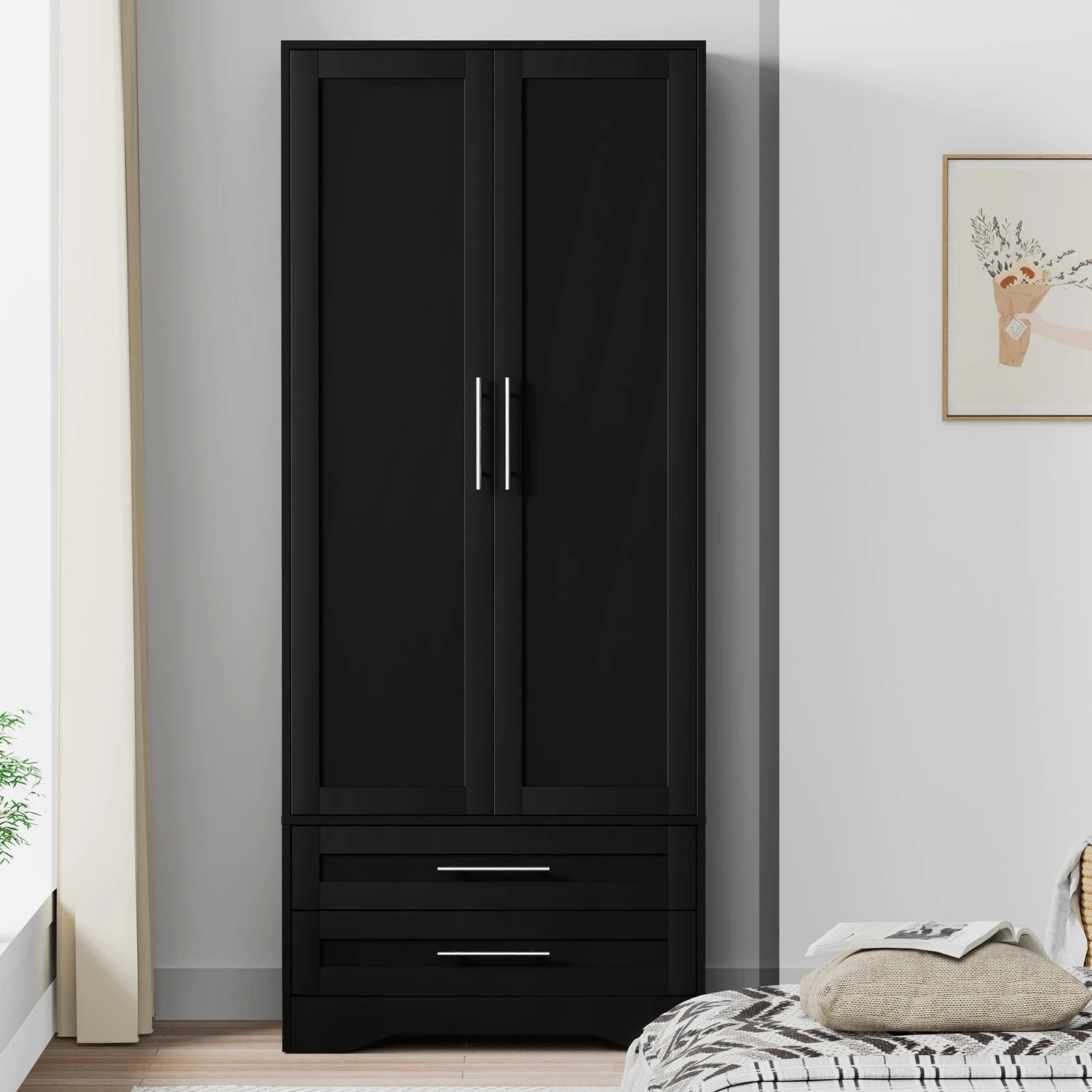 2 Alfordson Wardrobe Clothes Storage Cabinet Organizer Drawer Hanging Rod - Black, 2 of 10