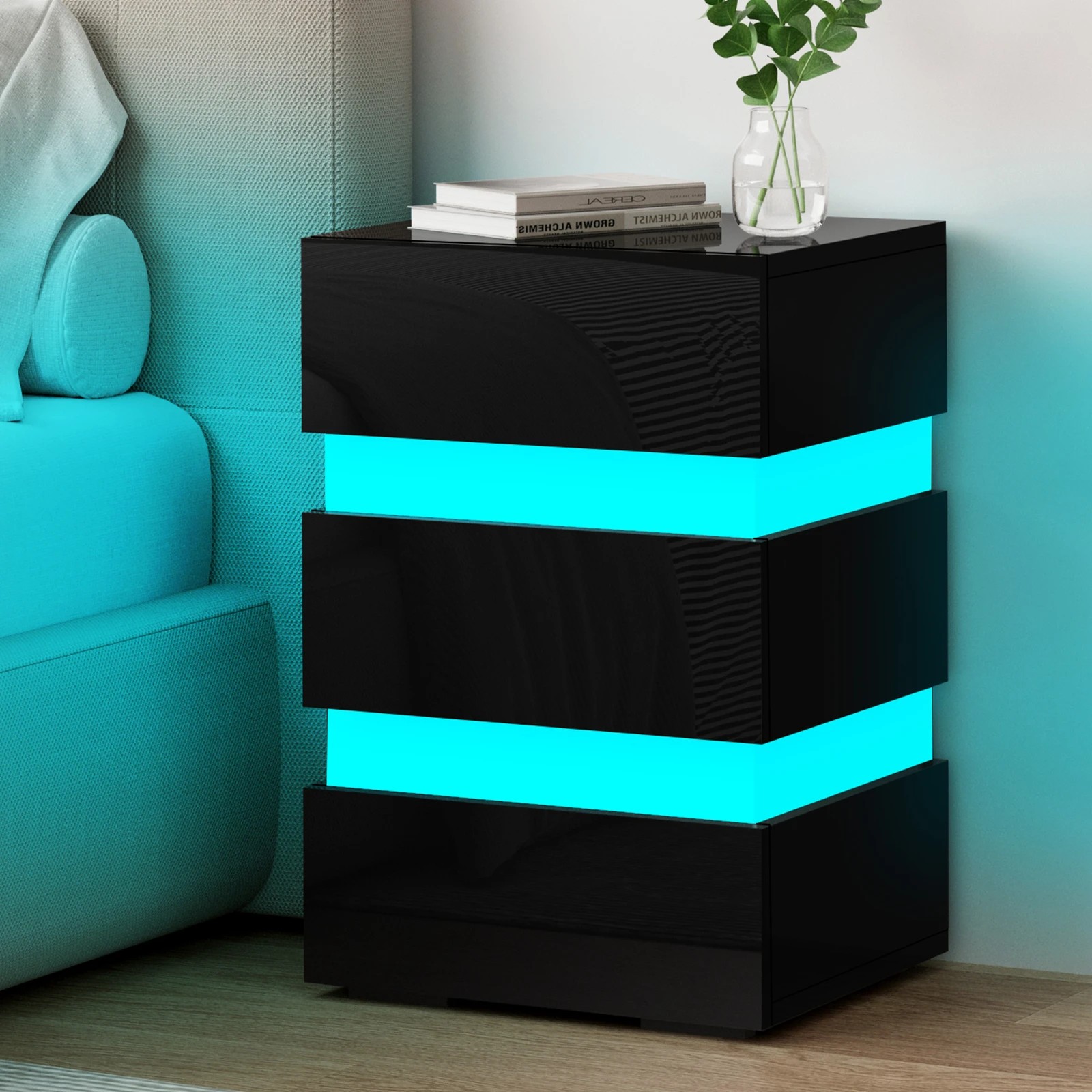 2 Alfordson Bedside Table RGB LED Nightstand 3 Drawers 4 Side High Gloss - Black, 2 of 10