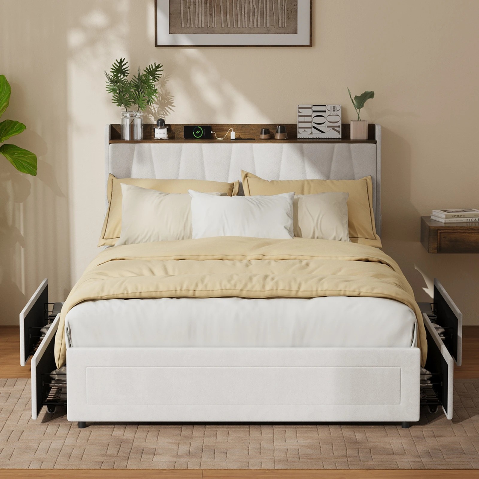 4 Oikiture Bed Frame Double Size with 4 Drawers Charging Station USB Ports - Beige, 4 of 7