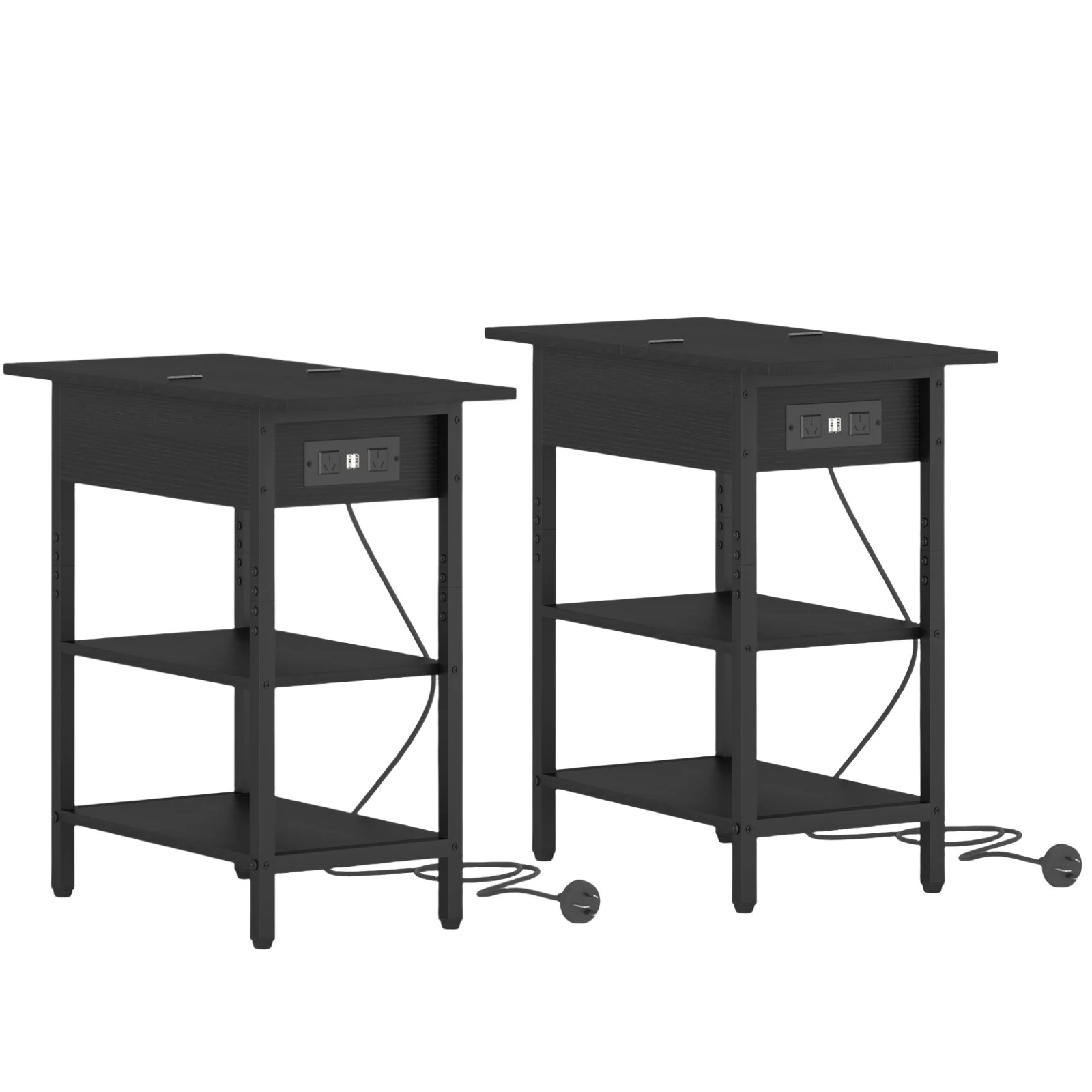 1 Advwin Set Of 2 Flip Top Side Table W/ Charging Station Black, 1 of 8