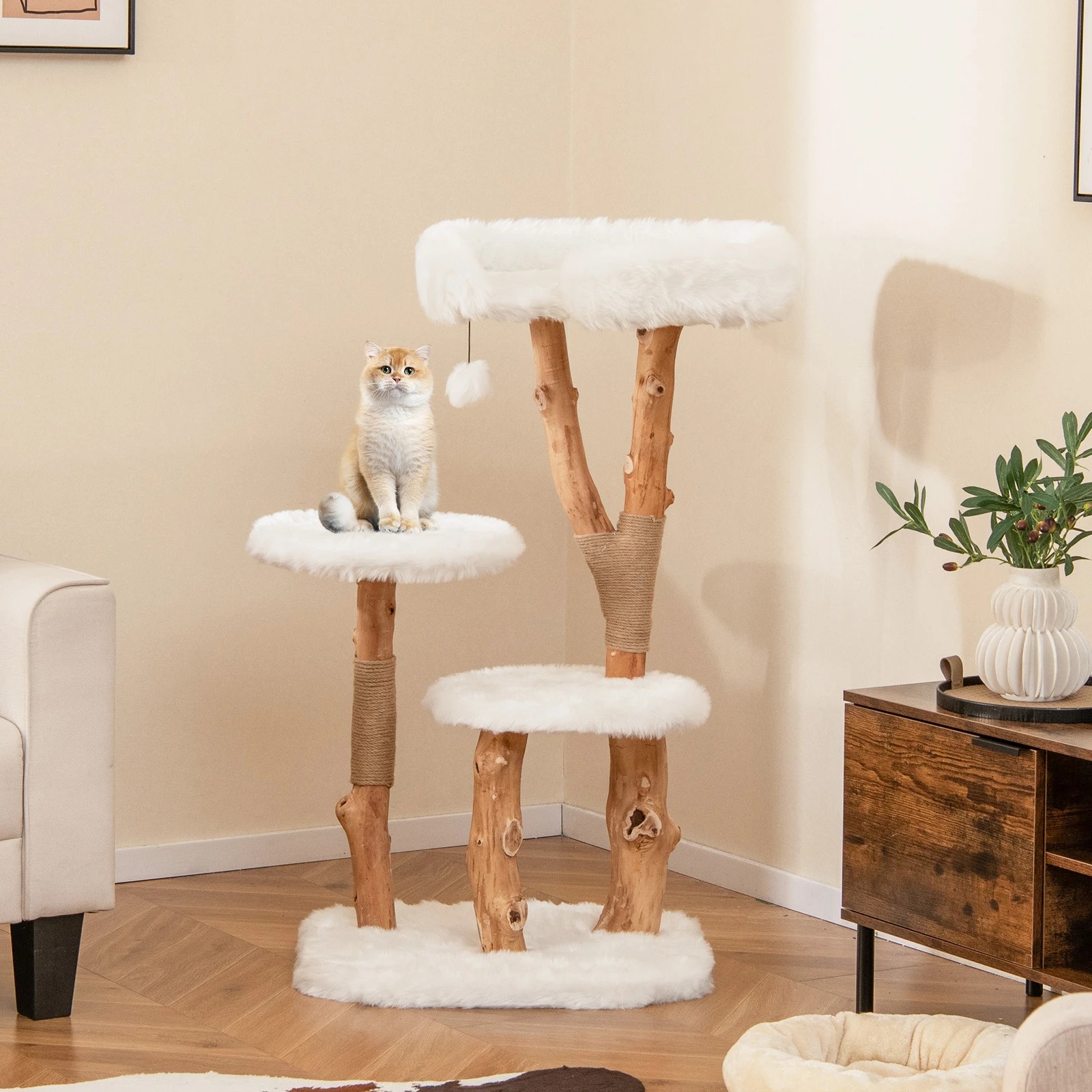 5 Costway 1.1M Solid Wood Cat Tree Kitten Climbing Activity Tower w/Scratching Post, 5 of 6