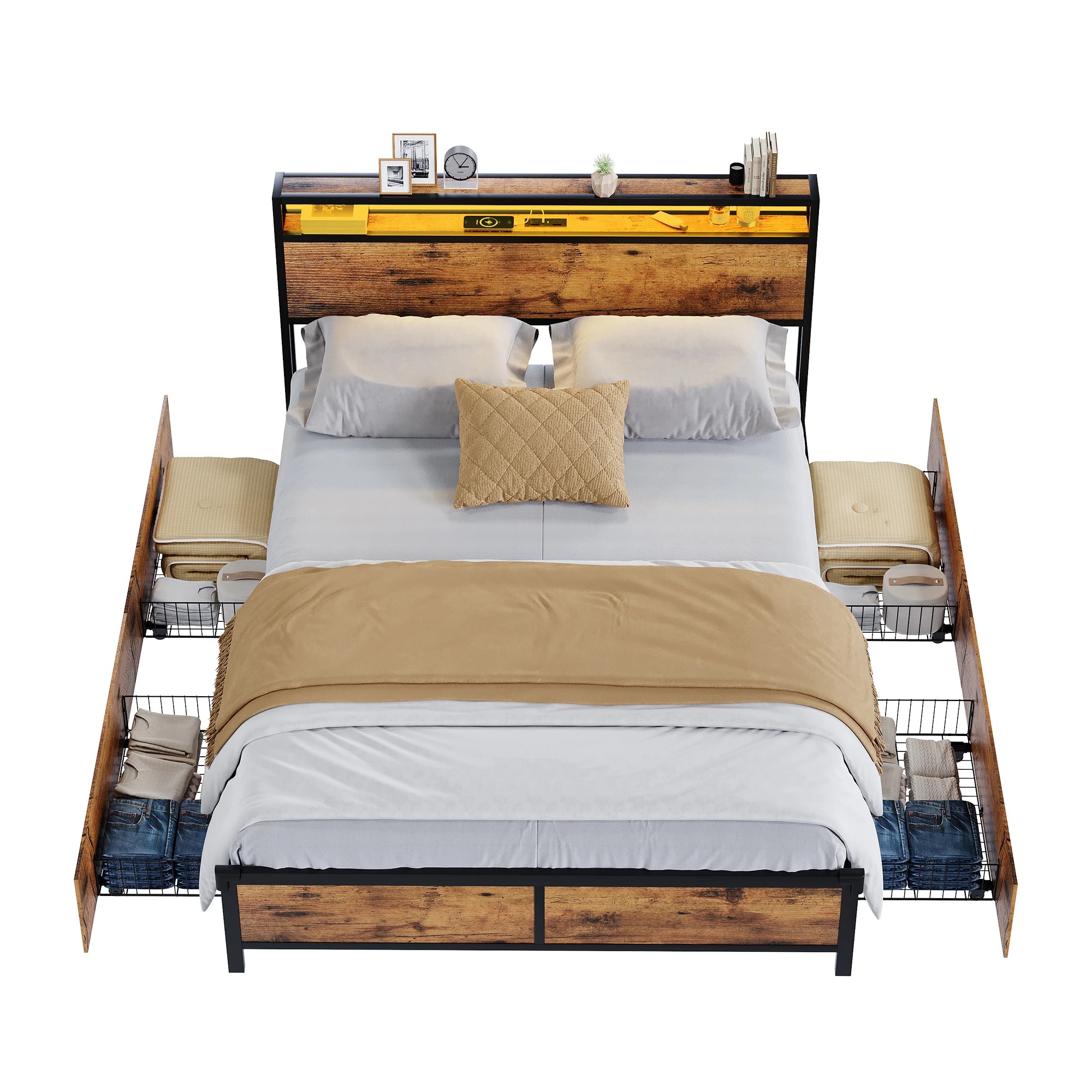 1 Advwin Double Bed Frame with 4 Storage Drawers & Charging Station & RGB LED Lights - Brown, 1 of 5