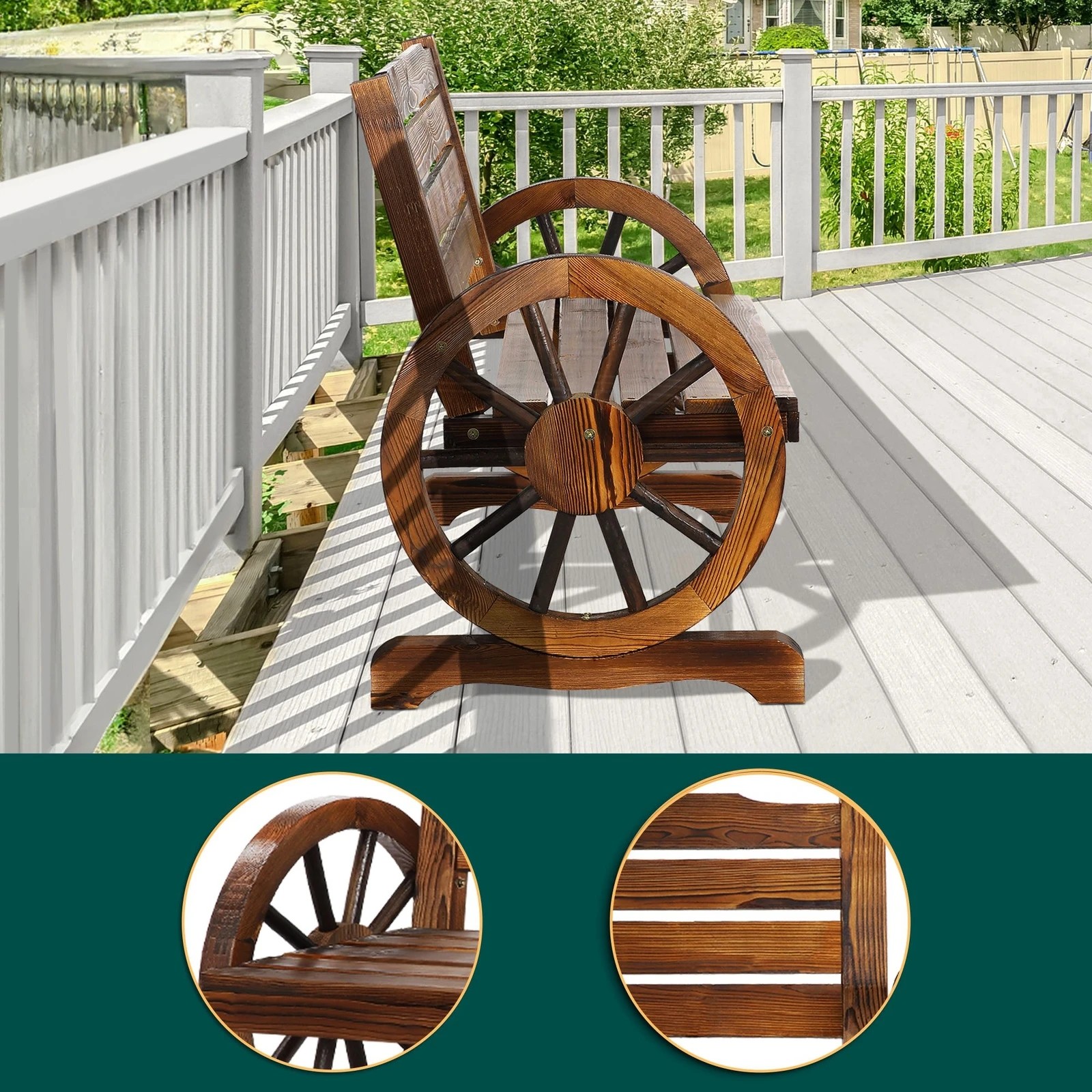5 Alfordson Wooden Garden Bench Wagon Wheel Chair Seat Outdoor Patio - Charcoal, 5 of 9