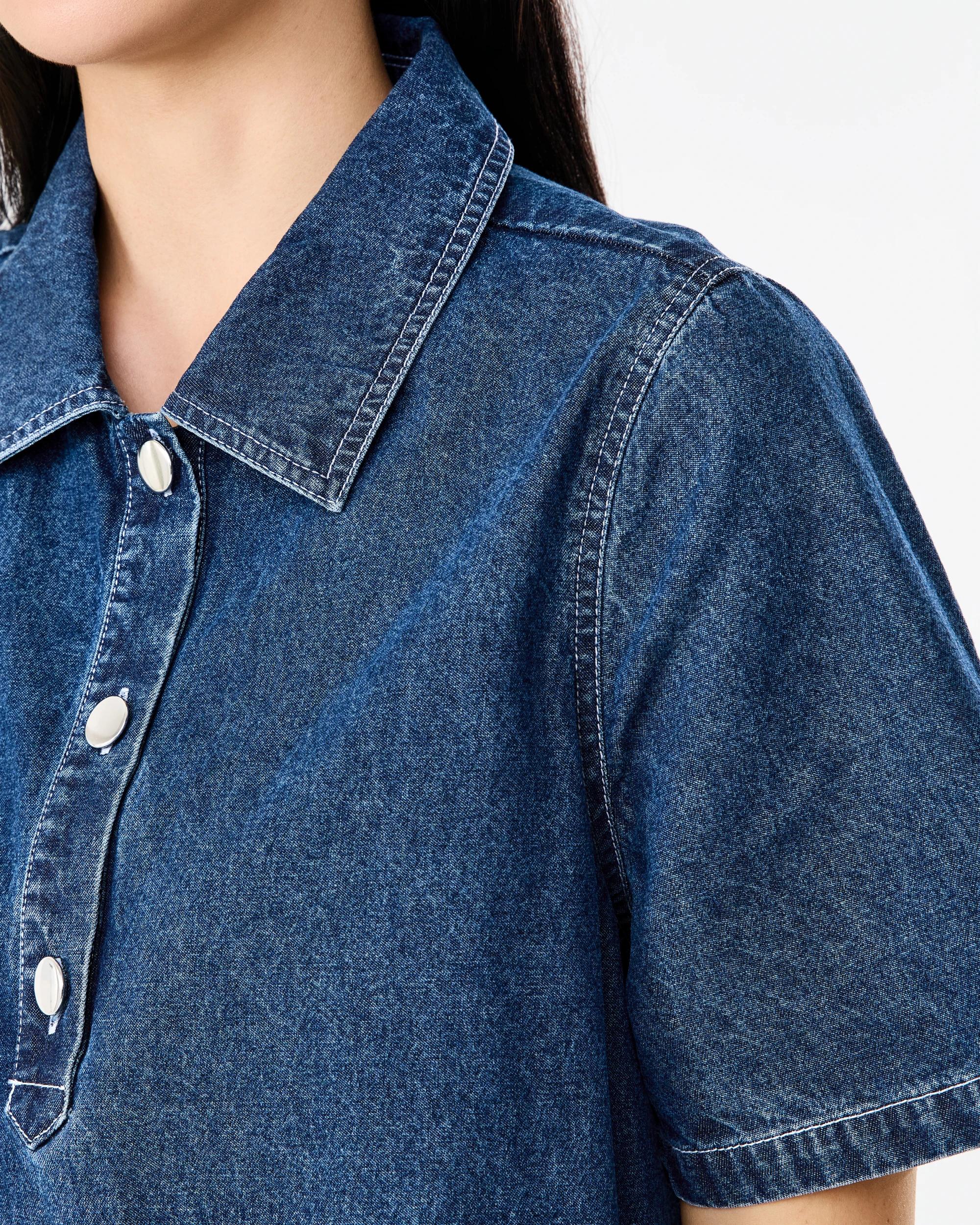 6 Short Sleeve Embroidered Denim Shirt Mini Dress Dark Wash, 6 of 8